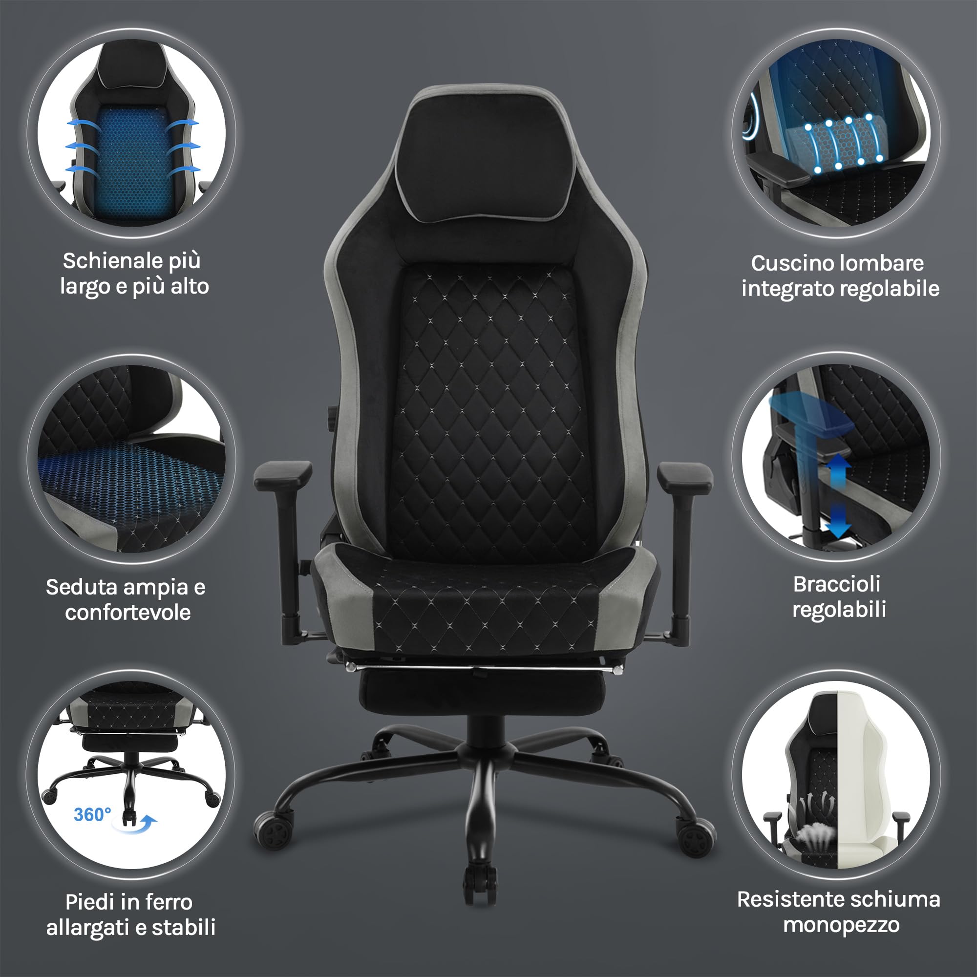 WOLTU Sedia Gaming,Supporto Lombare Adattivo Incorporato,Nero + Grigio | Velluto,con Braccioli Regolabili e Poggiapiedi Estensibile
