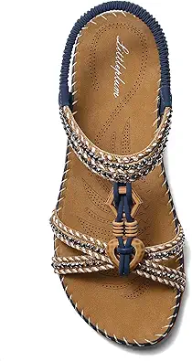 Littleplum Womens Sandals Arch Support Summer Flat Slides Ankle Elastic Walking Shoes Braided Beach Dressy Sandals for Women