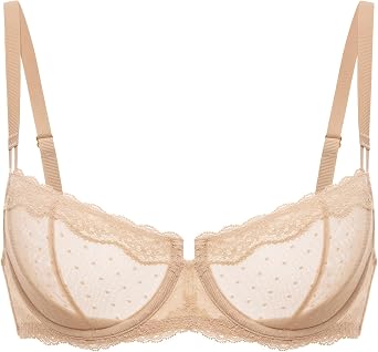 DOBREVA Women's Sheer Lace Bra Underwire Balconette | Dotted Mesh, Lace Trim, Unlined, Double Mesh Layer Cup, Convertible Straps, Sexy