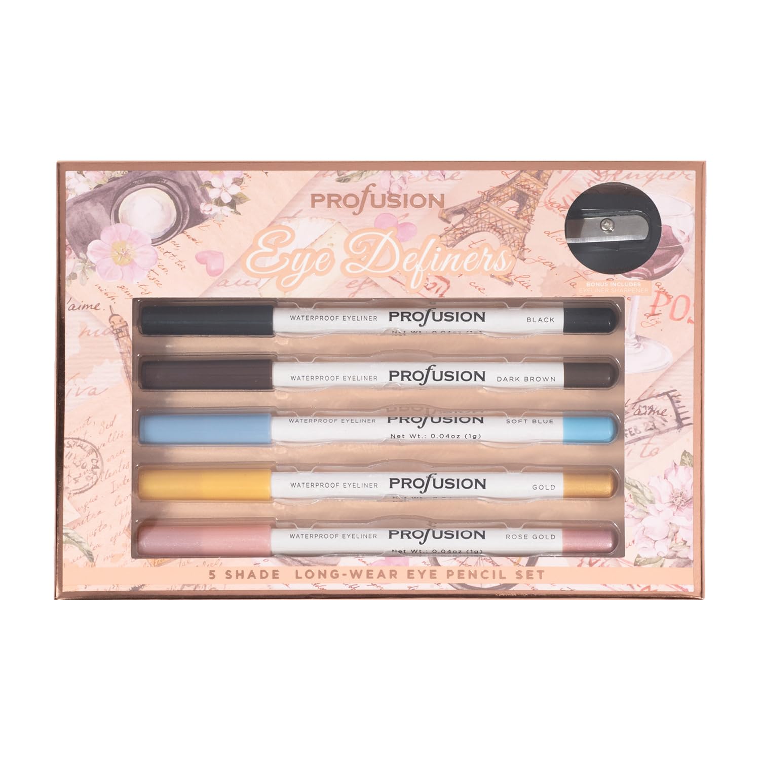 Profusion Cosmetics Eye Definers 5 PC Eye Pencil Set with Sharpener, Richly Pigmented Waterproof Eyeliner in Multiple Colors for Bold Eyecatching Looks
