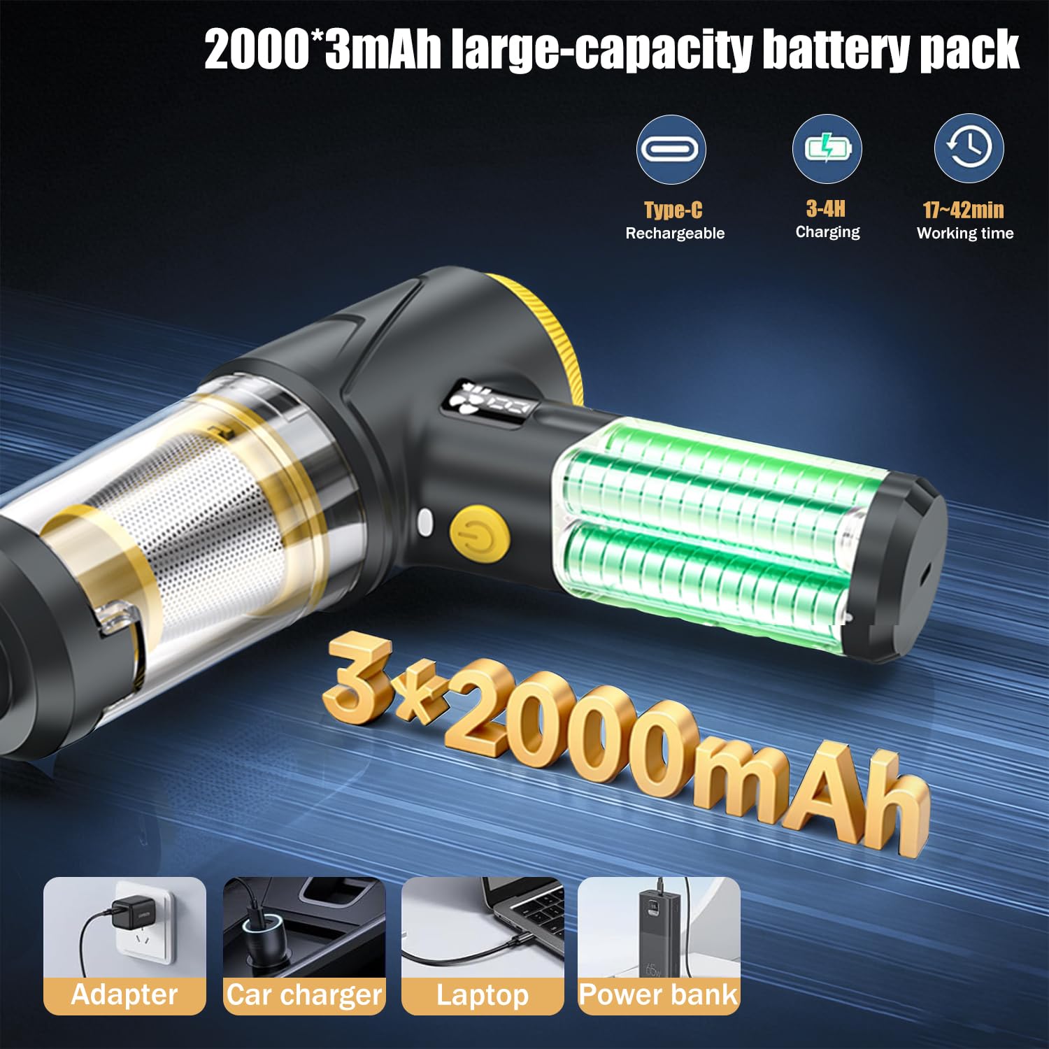 HKC 4 en 1 Soplador y Aspirador 110000RPM, 18000Pa Soplador de Polvo Eléctrico con Motor Sin Escobillas, Aspirador de Mano con Luz LED, Air Duster para PC,Teclado, Exterior, Hogar y Auto