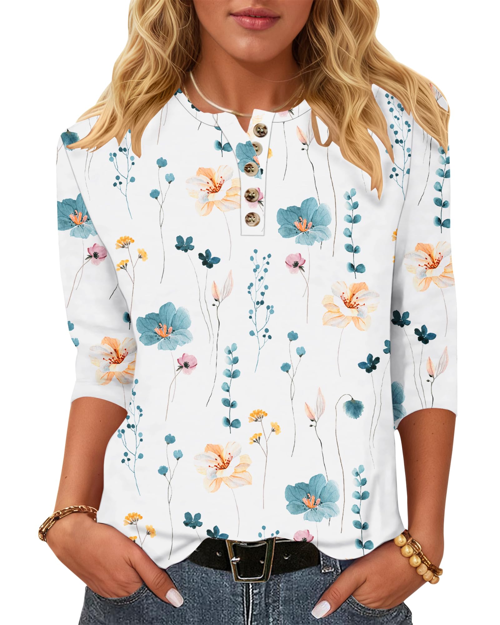 WNEEDU T-Shirt Damen 3/4 Arm Bluse - Henley Shirt Rundhals Tshirt Leichte Pullover Lässig Tops Basic Ganzjahres Oberteile mit Knöpfe