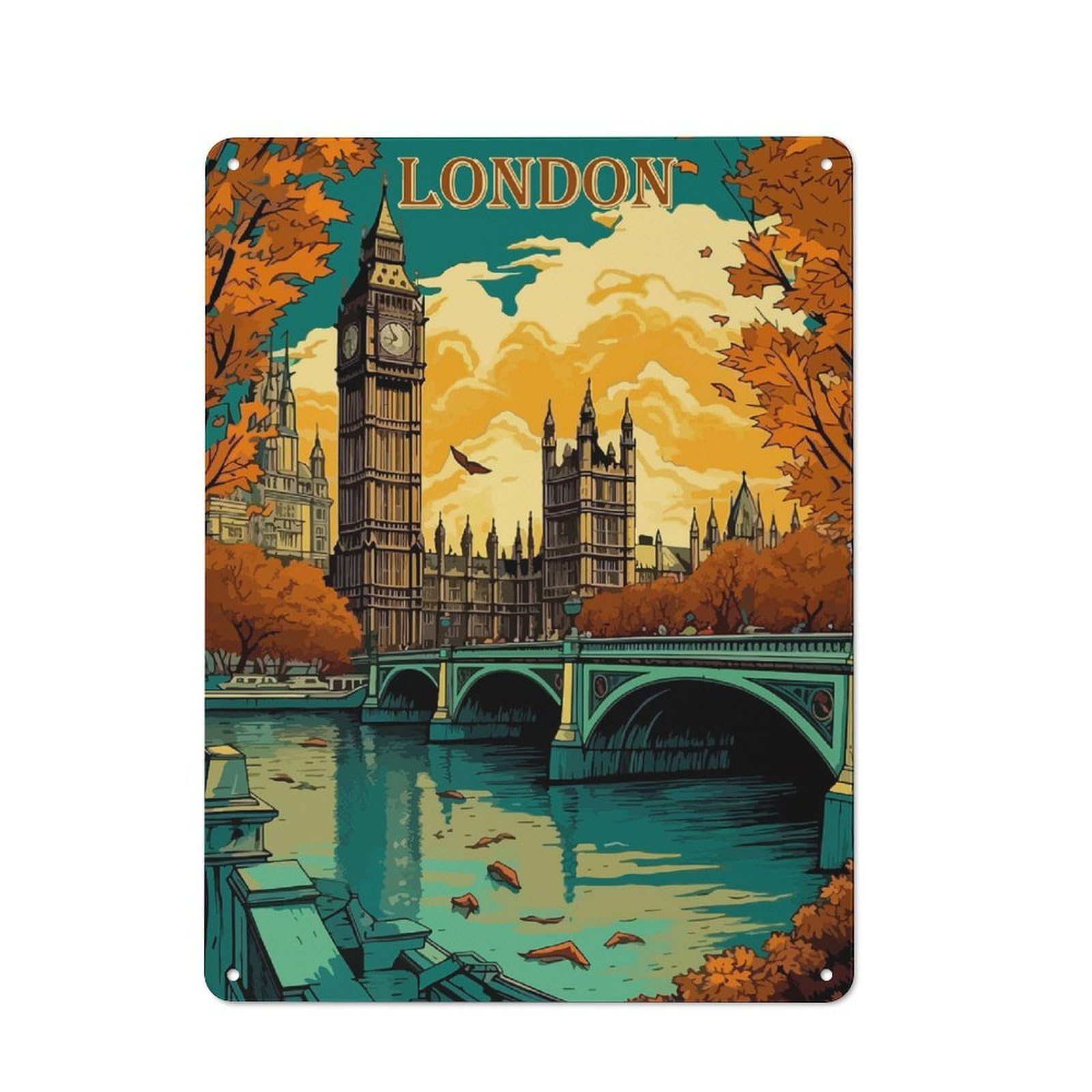 Junmoney London Cityscape Autumn Illustration Retro Metal Wall Decor 40X30cm, Tin Wall Sign For Home, Shop, Pub Or Studio Wall, Personal Accent For Everyday Walls