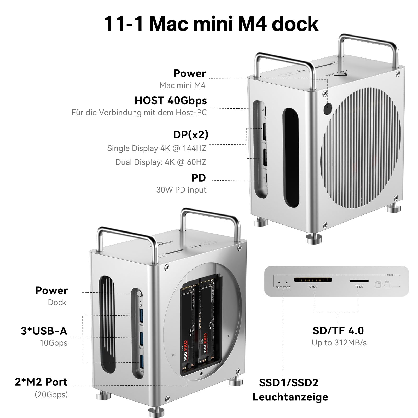 ACASIS 11-in-1 Docking Station für Mac mini M4, Dual-Bay NVMe SSD-Gehäuse | 40Gbps Datenrate, 2x M.2 Slots (RAID), 4K@60Hz DisplayPort, SD/TF 4.0, 30W PD, Aluminiumgehäuse, ohne SSD enthalten