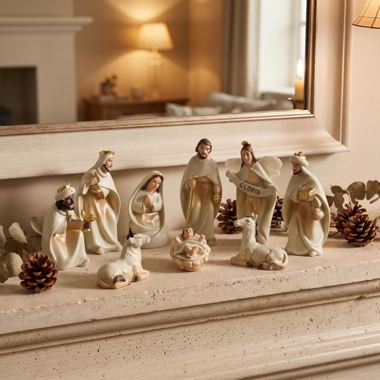 Nativity Scene Figurines Set, 9-Piece Gray Gold Resin Christmas Holy Family