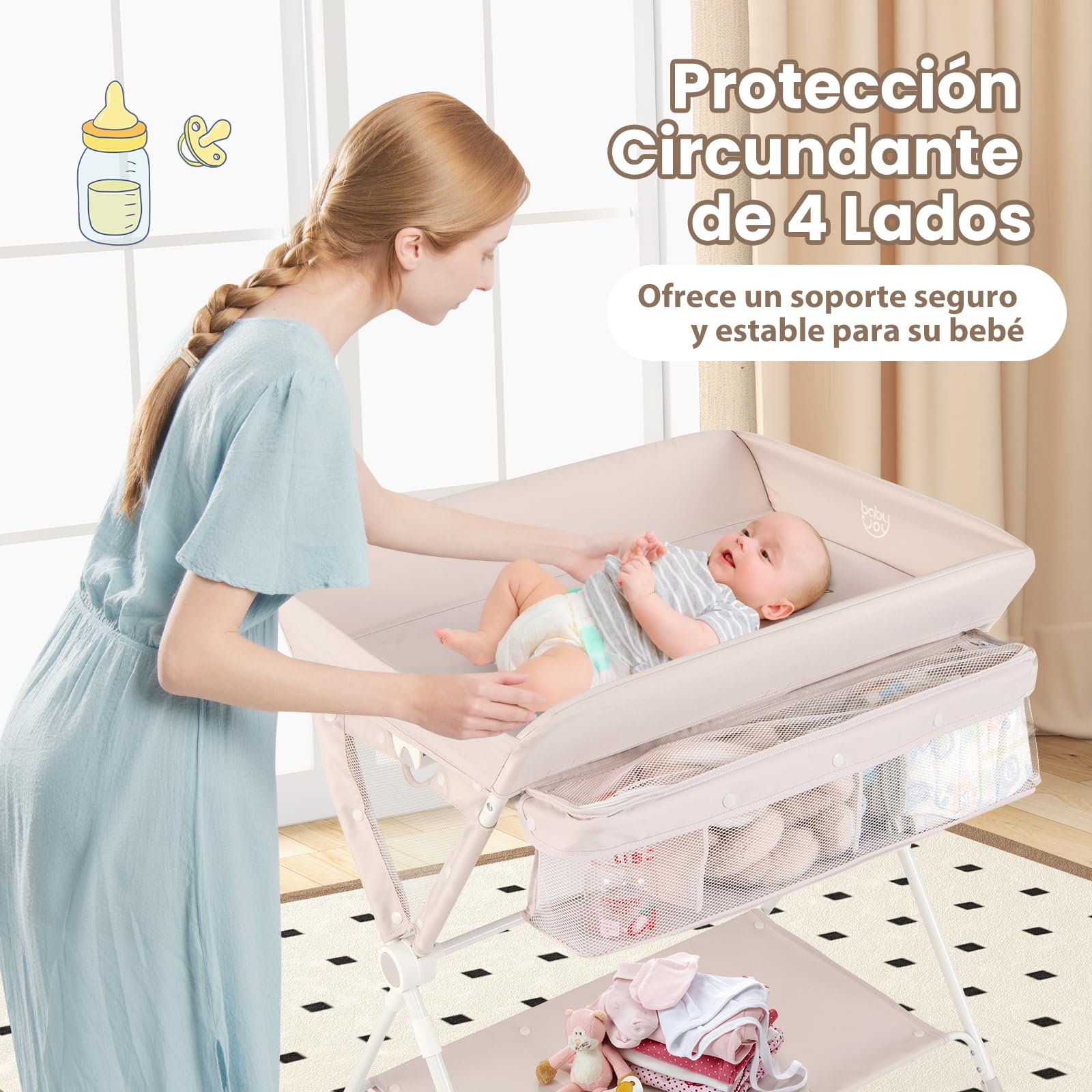 GOPLUS Cambiador de Pañales Plegable y Portátil, Cambiador Bebe con Altura Ajustable, 4 Ruedas Universales con Frenos para Bebés de 0-12 Meses, Carga hasta 11 kg (Beige)