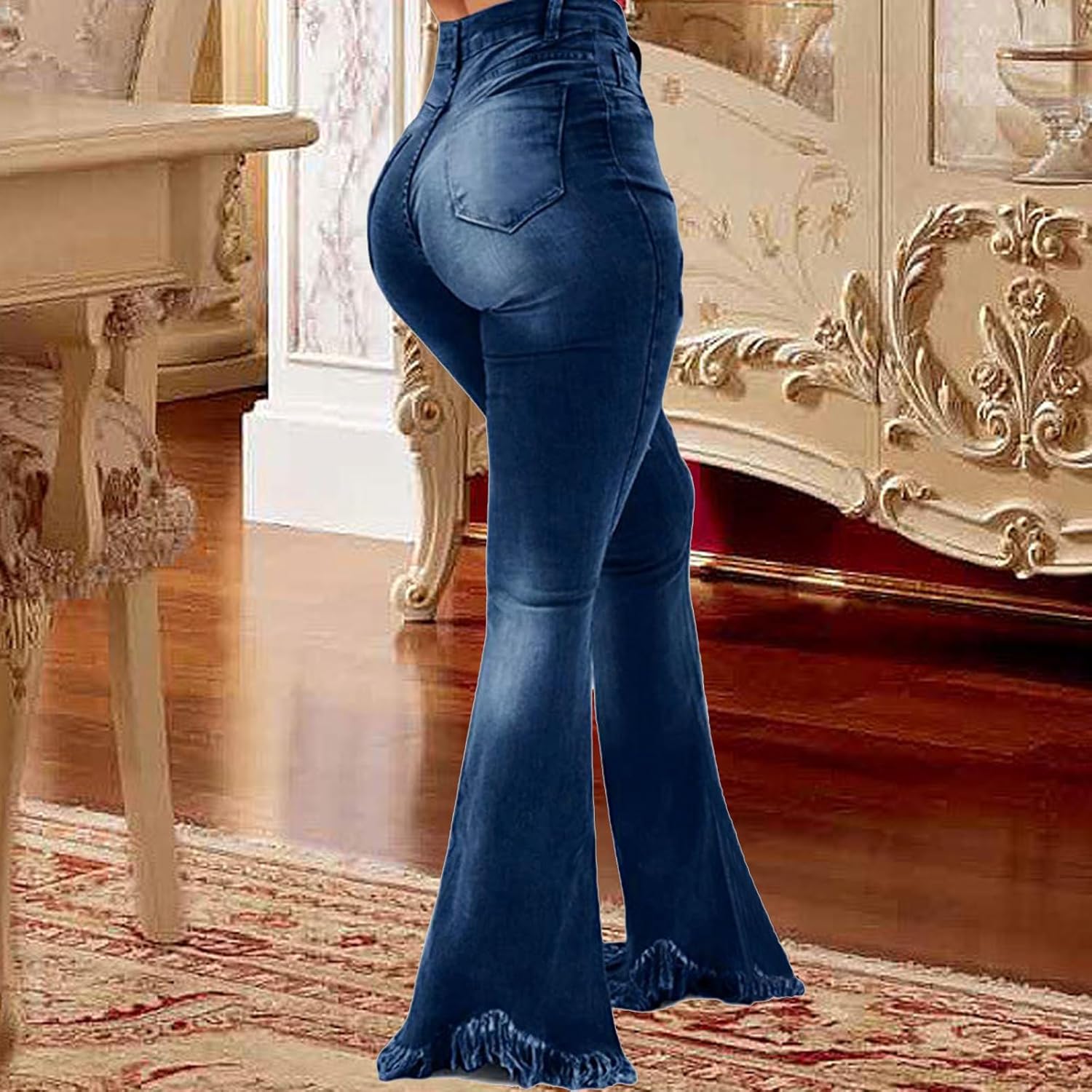 70s Bell Bottom Jeans for Women Elastic High Waisted Raw Hem Denim Pants Classic Vintage Flared Jeans - Image 2