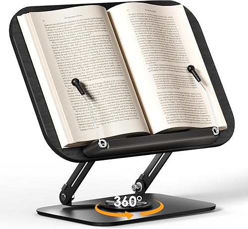 SupeDesk Soporte de Libros para Lectura, Soporte de Libros Ajustable con Bases Giratorias de 360°, Diseños Plegables y Clips Elásticos, Soporte de