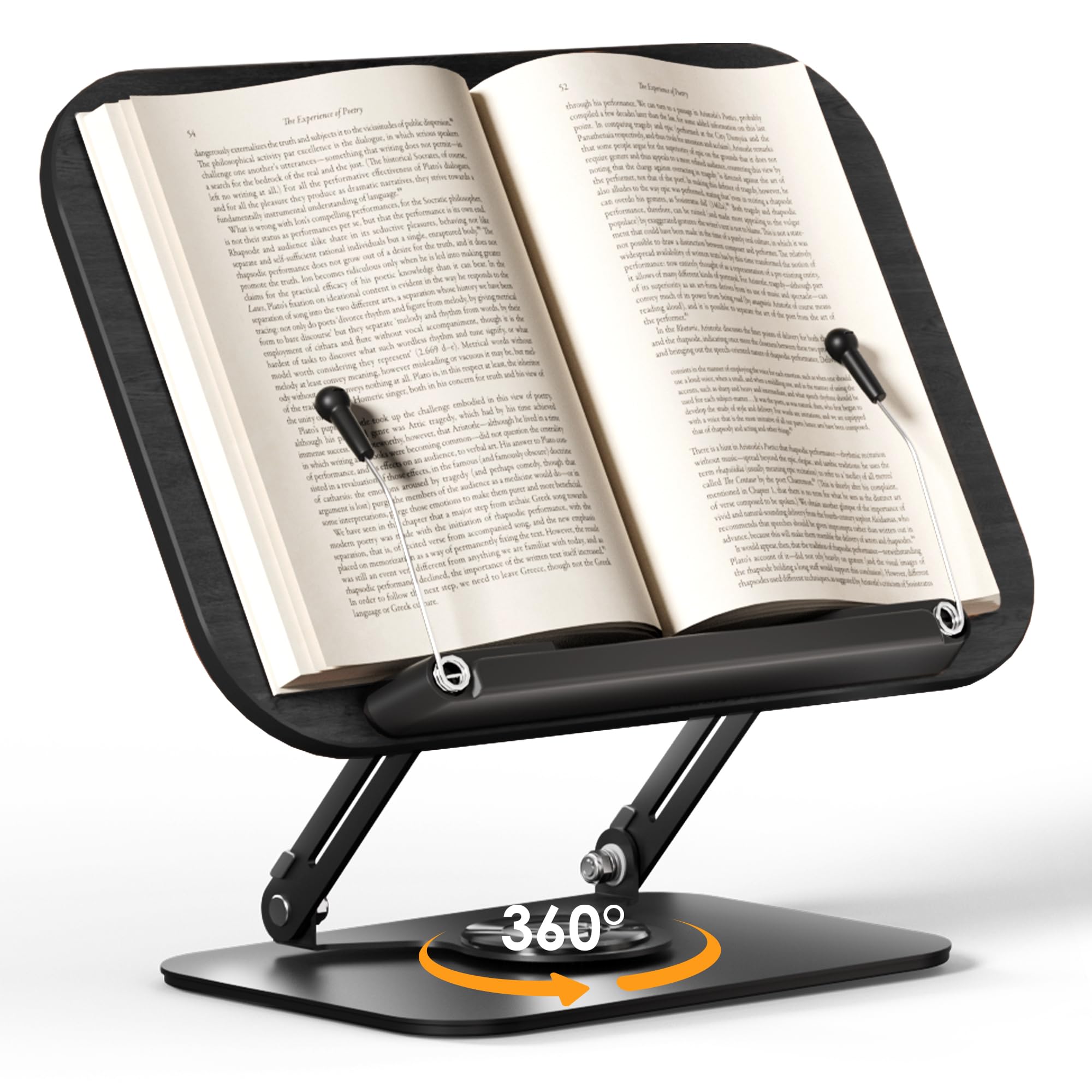 SupeDesk Soporte para libros para lectura, soporte ajustable con bases giratorias de 360°, diseños plegables y clips elásticos, soporte multifuncional para recetas, libros de cocina, revistas,