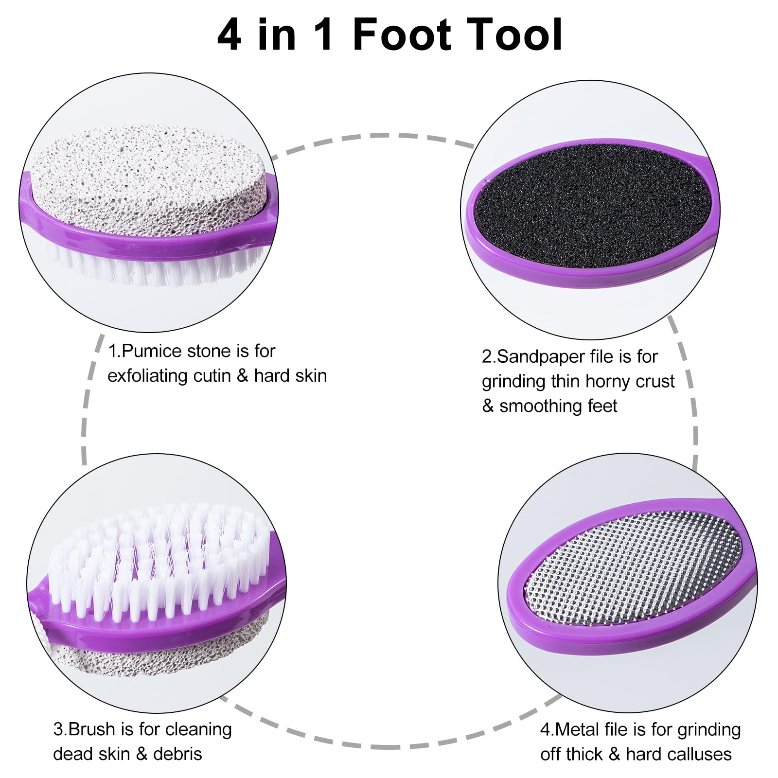 Spazzola in pietra pomice per piedi 4 in 1, scrubber per piedi doccia, lima per piedi, rimozione calli, raspa per piedi e carta abrasiva, strumenti per pedicure con manico, piedi morbidi e