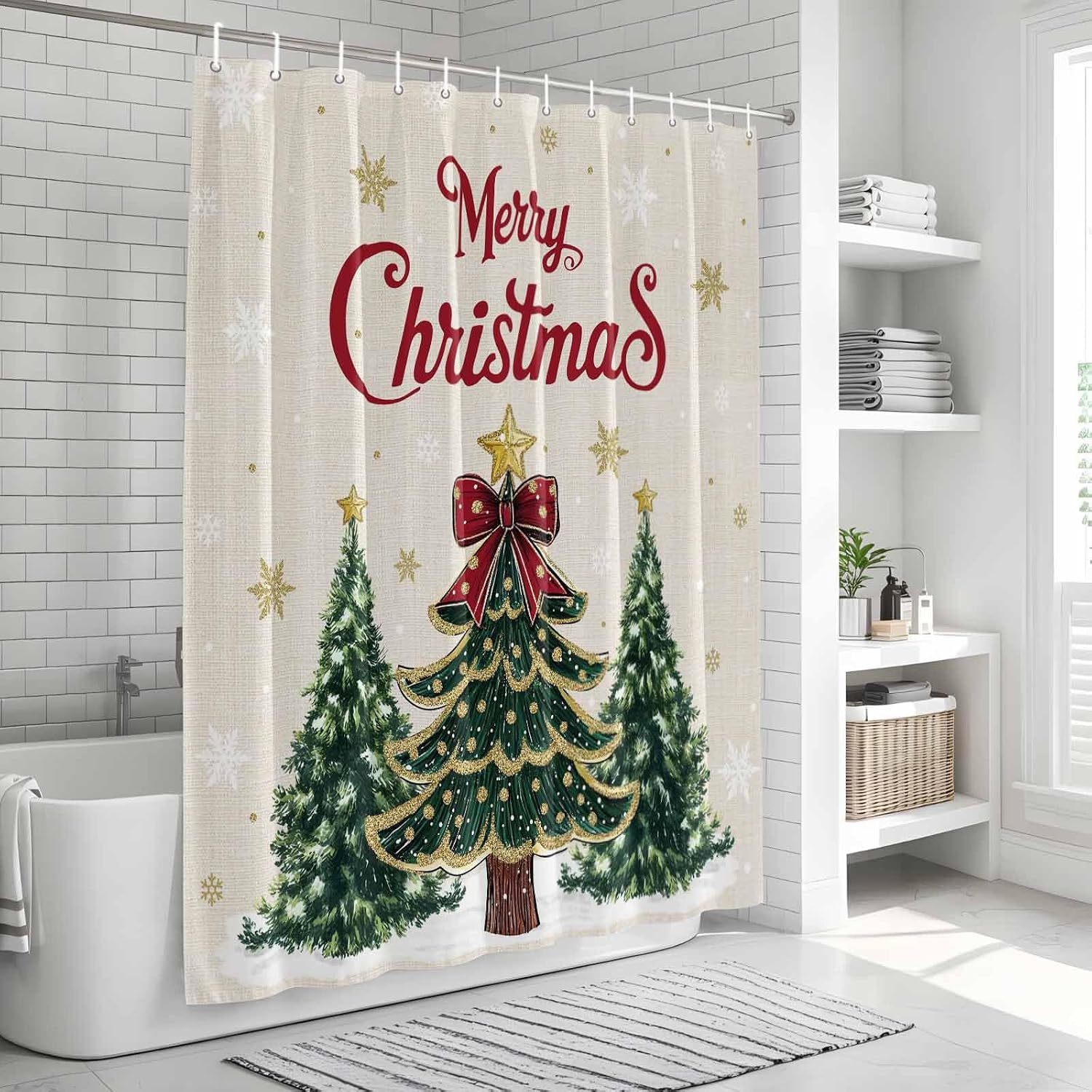 Merry Christmas Waterproof Shower Curtains Set - Standard Shower Curtain 66 x 72 Inch, Winter Pine Tree Gold White Snowflakes Fabric Bathroom Curtain with 12 Hooks, Bathroom Accessories