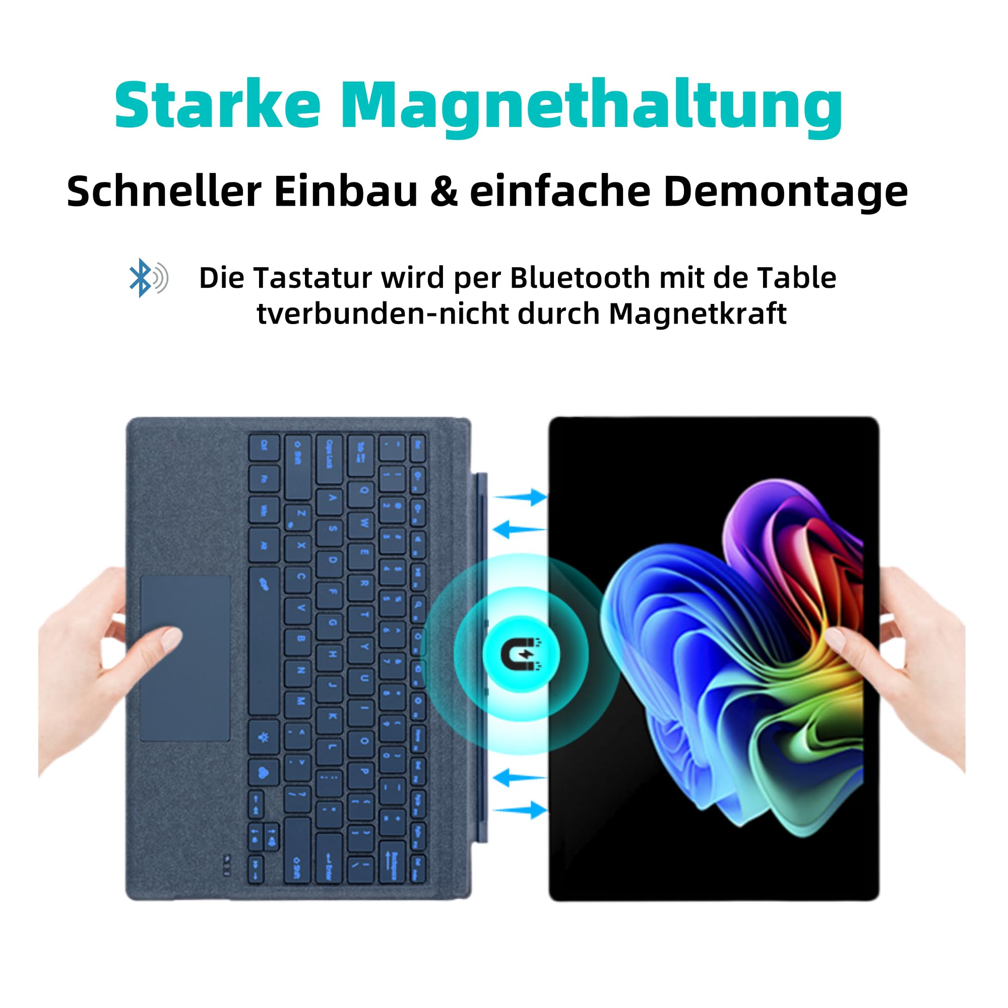 Deutsche QWERTZ Layout Tastatur für Microsoft Surface Pro 7+/7/6/5/4/3, 12.3 Zoll - Ultraflaches, beleuchtetes Bluetooth Type Cover mit Multi-Touchpad, aufladbar (Kobaltblau) - 3