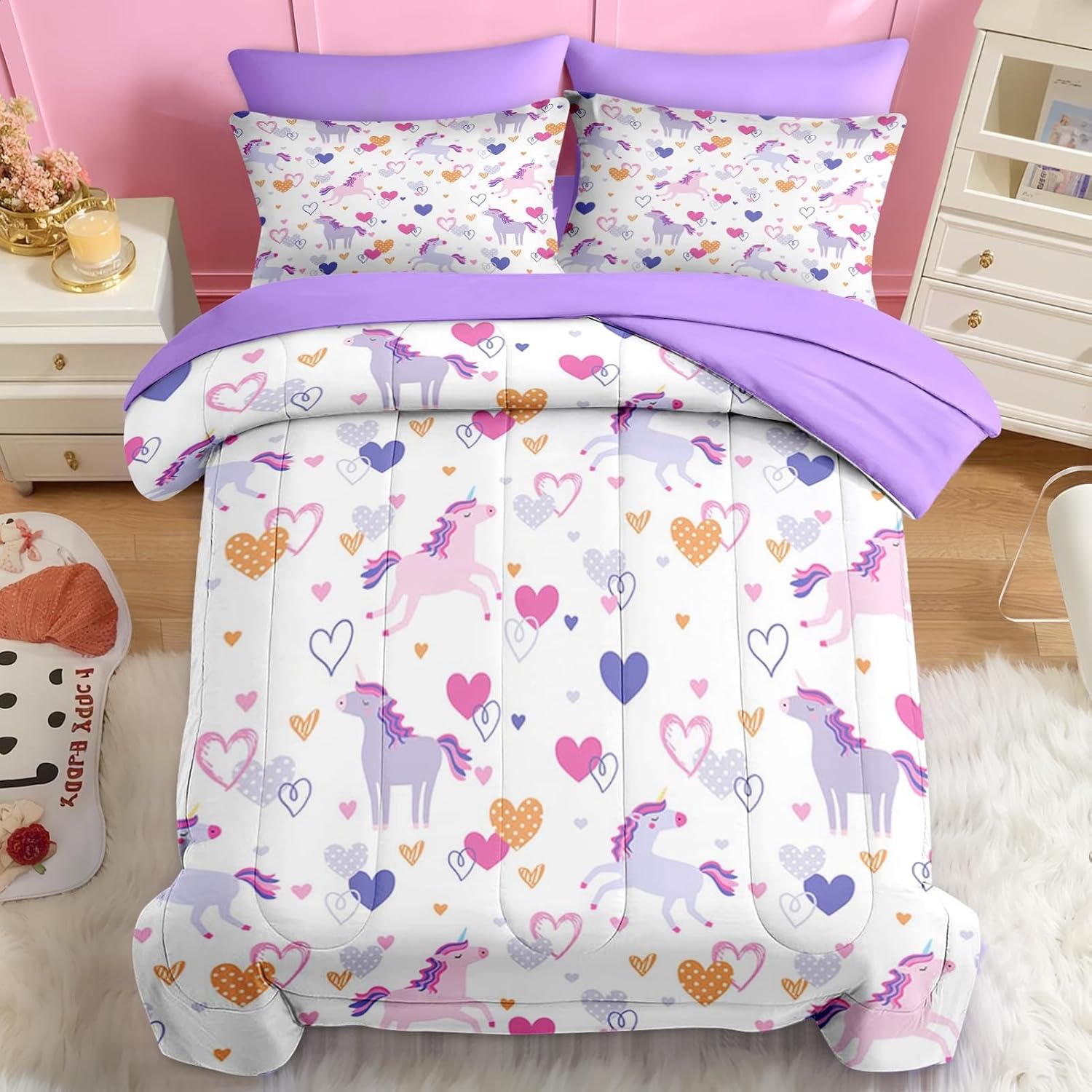 Nesker Uincorn Comforter Set Twin Size, 5 Pieces Bed in a Bag, Purple Unicorn Bedding Set for Girls, Cute Hearts Comforter Set with 1 Pillowcase & 1 Sham