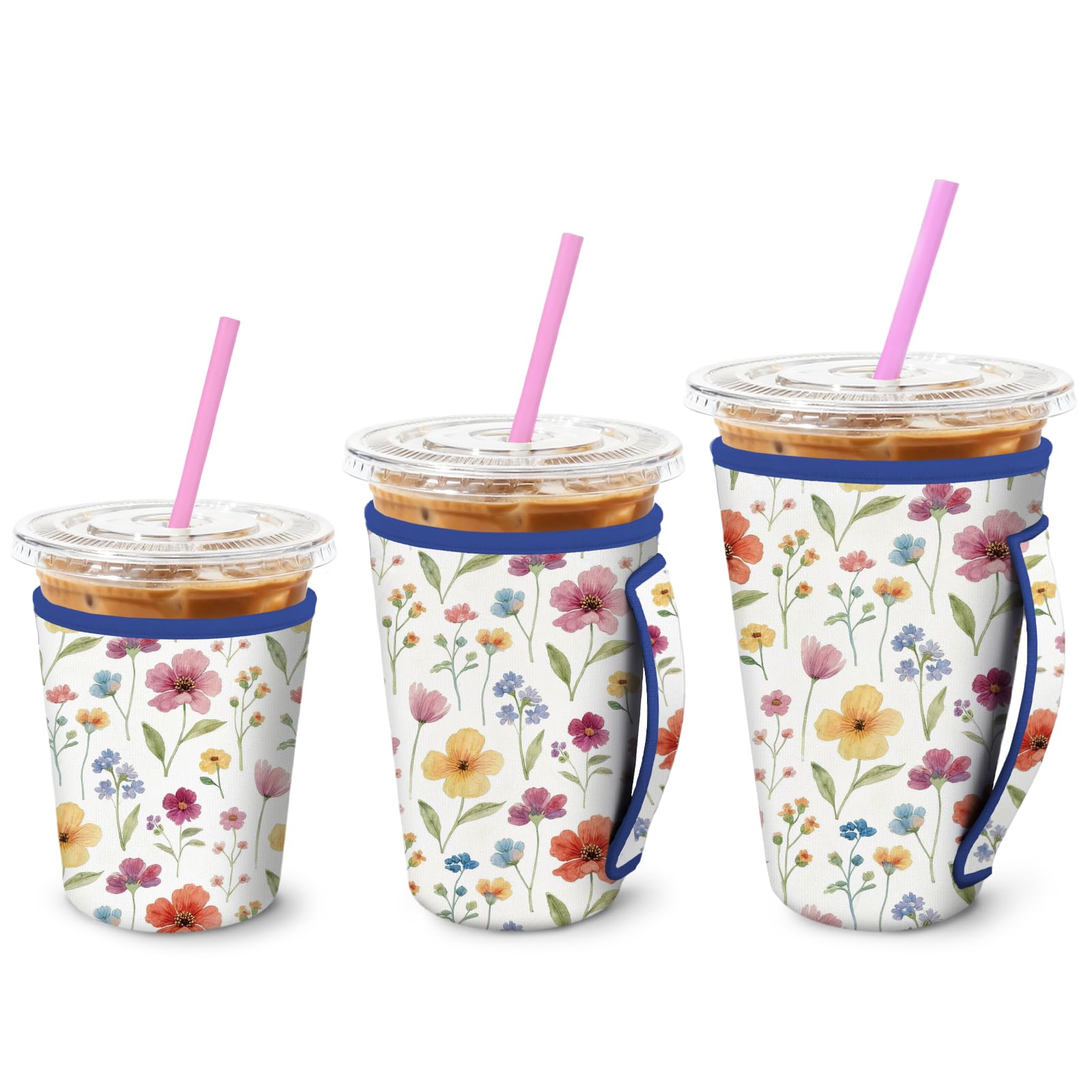 MAYJOYDIY Manchon Isotherme en Néoprène pour Tasse à Café Glacé Motif Floral Bohème Fleurs et Feuilles Colorées Compatible avec les Boissons Chaudes et Froides de 16-32oz