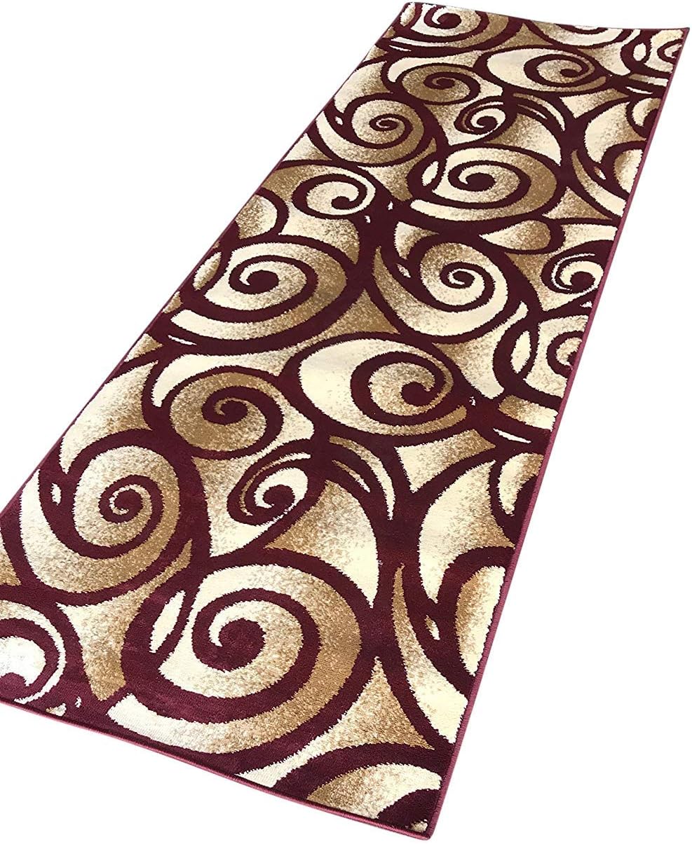Modern Long Rug Runner 256,000 Point Burgundy Swirl Bellagio Design 341 (32 Inch X 10 Feet )