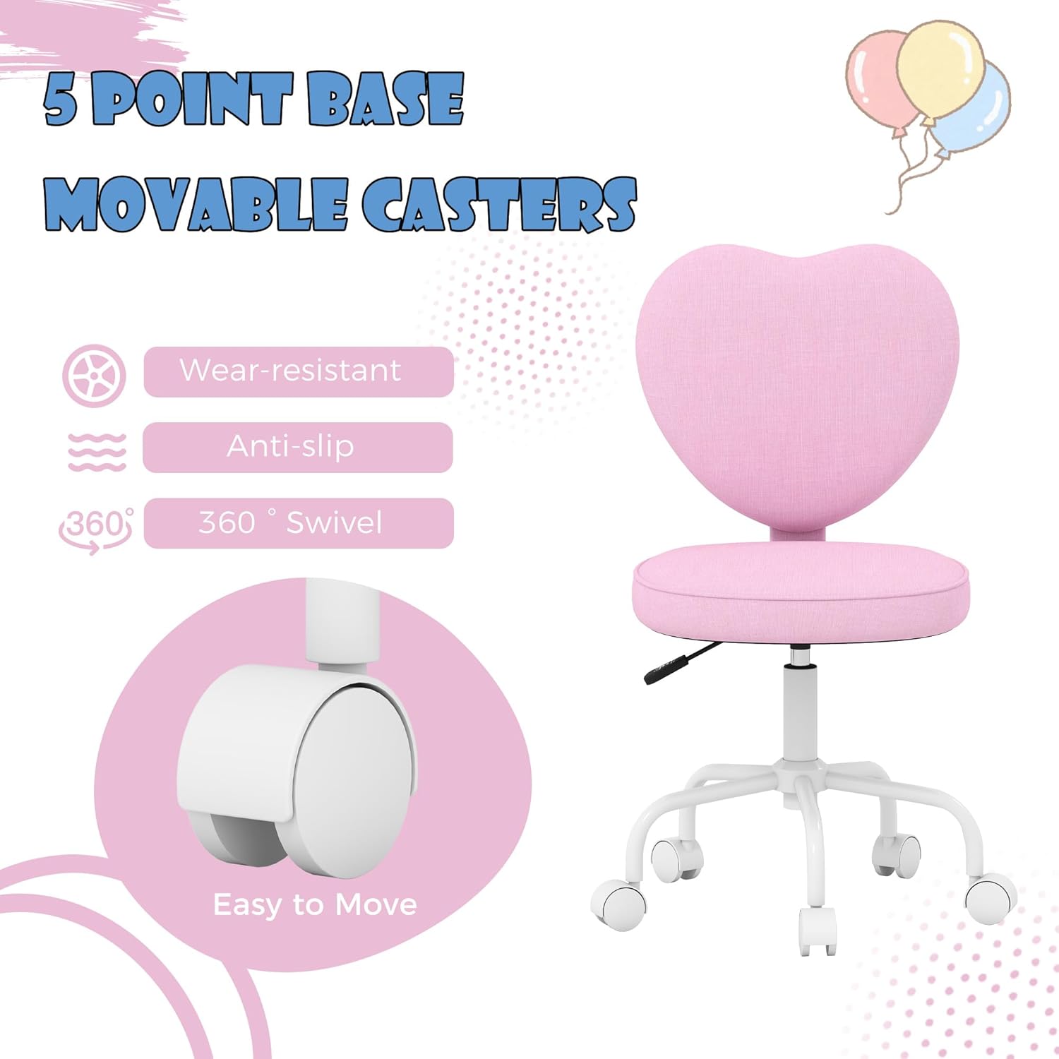 HOMCOM Armless Home Office Desk Chair, Modern Fabric Makeup Vanity Chair with Heart Shape, Swivel Wheels, Height Adjustable, Pink