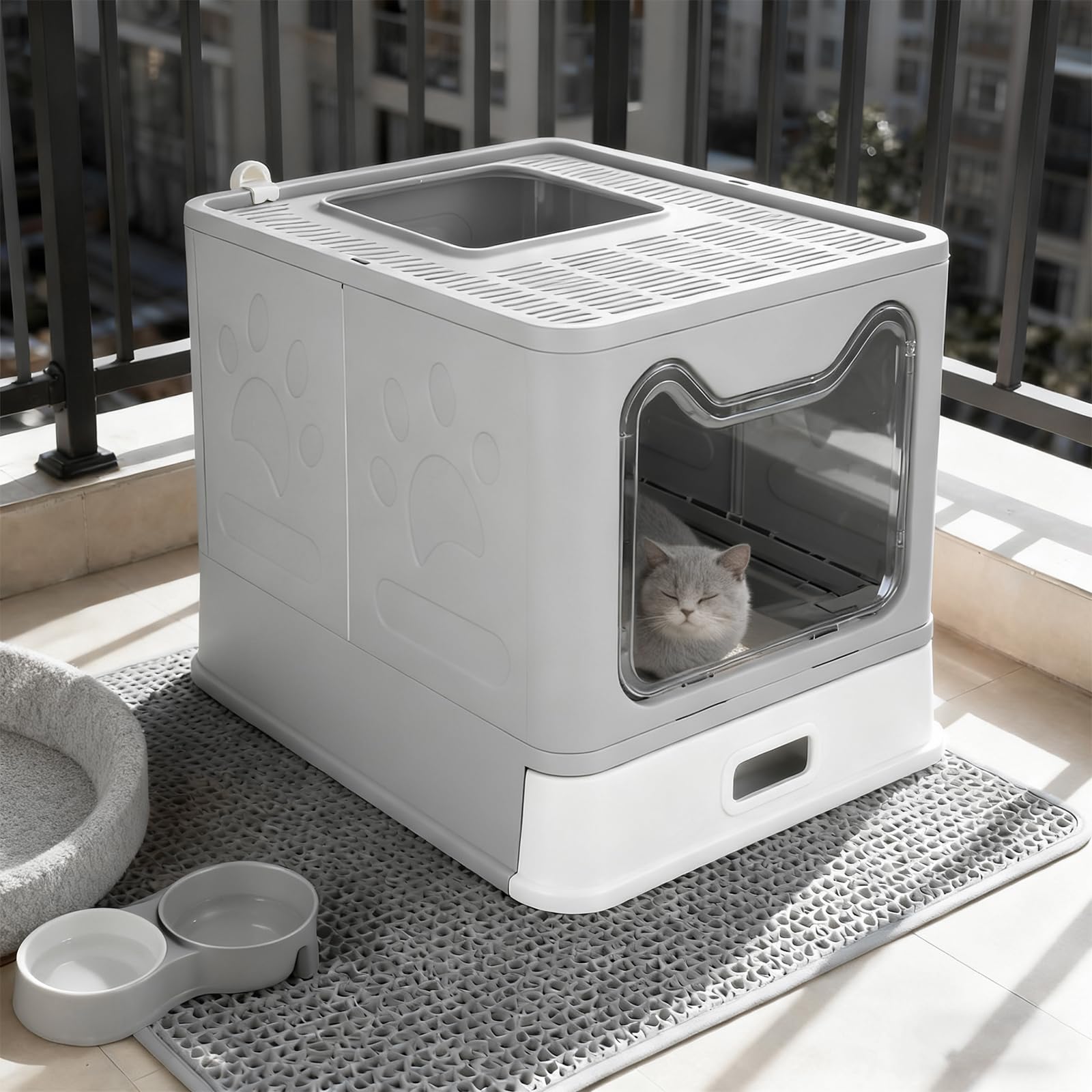 OHMG Lettiera per Gatti, Chiusa, Casa di Toilette in Acciaio Inox, Vassoio Rimovibile, Paletta, per Gatti Grandi, Capacità di Carico 15 kg, Anti-tracce, Anti-perdite