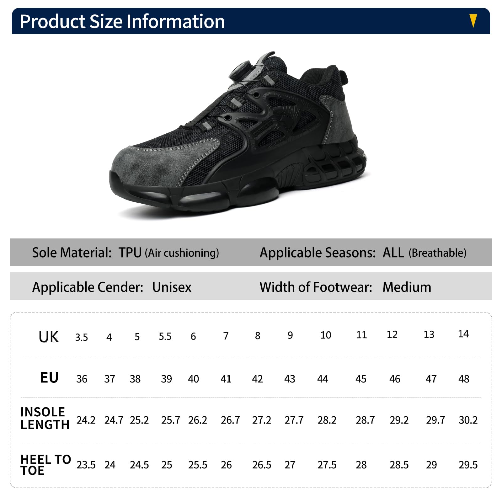 Baskets de sécurité avec embout en acier pour homme et femme - Confortables et légères - Chaussures de sécurité antidérapantes avec coussin d'air