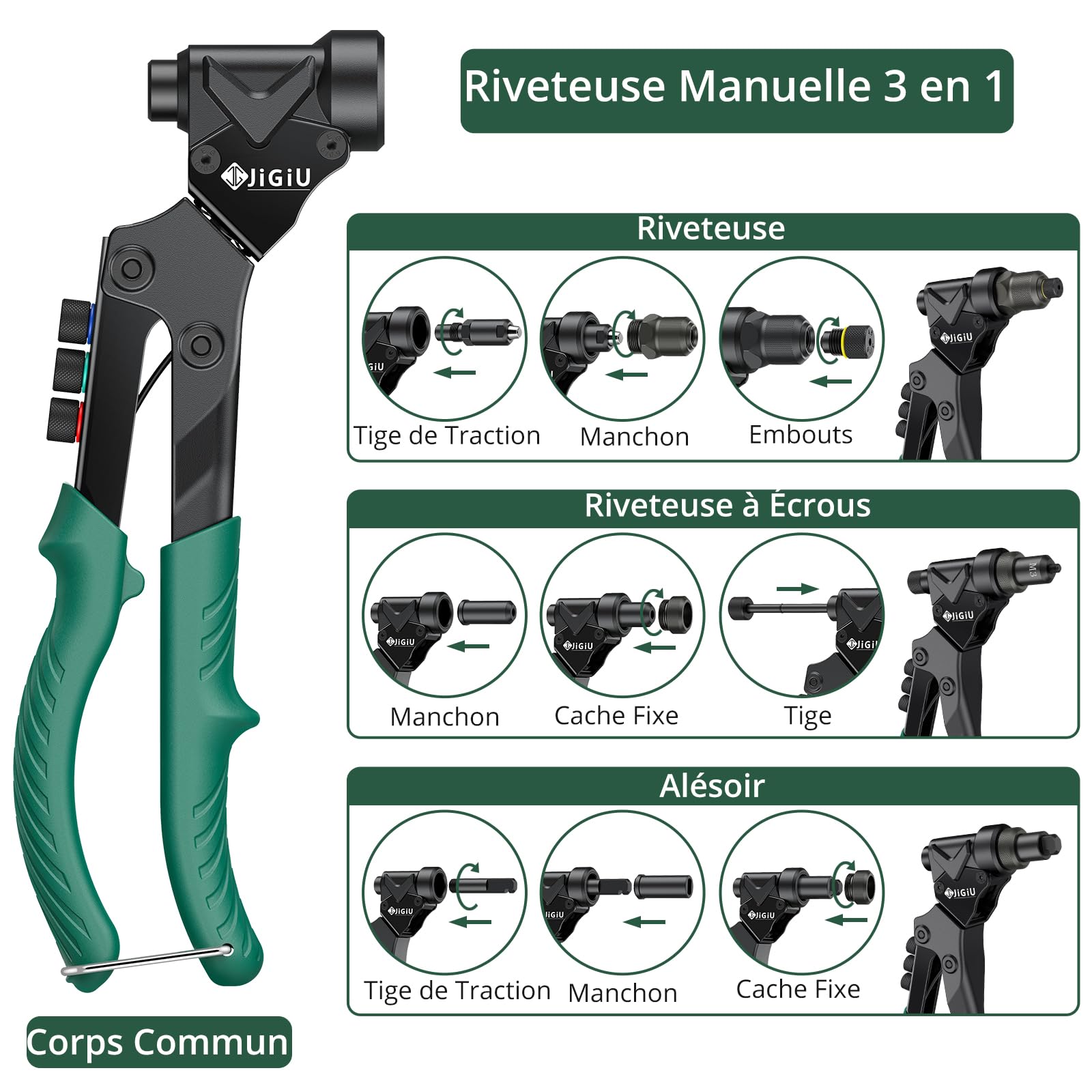 JiGiU Pince à Insert Fileté 3 en 1 avec Tête Pivotante à 360° | Pistolet à Écrou Professionnelles, avec 4 Tête de Rivet Mandrins Métriques et 2 Mandrins d'Alésage, 40 Rivets et 40 Écrous