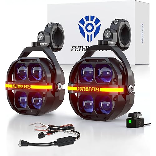 Future Eyes Motorcycle Driving Lights – 180W LED Fog Lights with Amber & White Beams, Waterproof Auxiliary Spotlights with DRL, Strobe, Signal, for Night Riding Off-Road UTV ATV