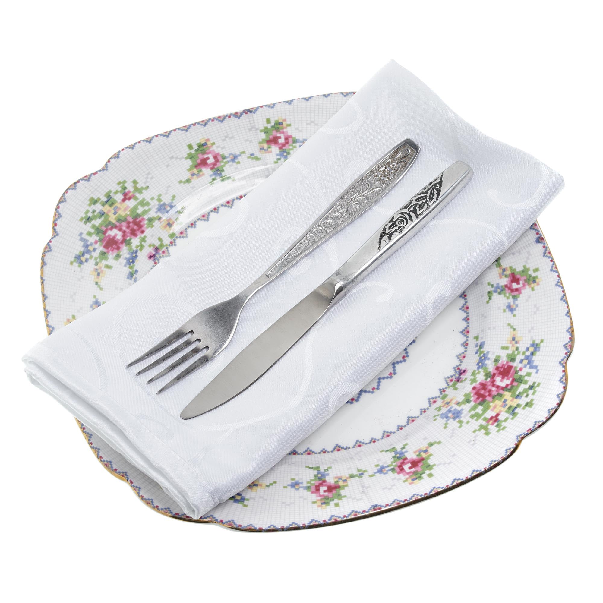 Trimming Shop 100 Pcs White Damask Cloth Napkins, Elegant Swirl Pattern 100% Polyester Dinner Cocktail Napkin Cloth, Reusable & Washable Table Napkins for Wedding, Parties, Christmas & Celebration