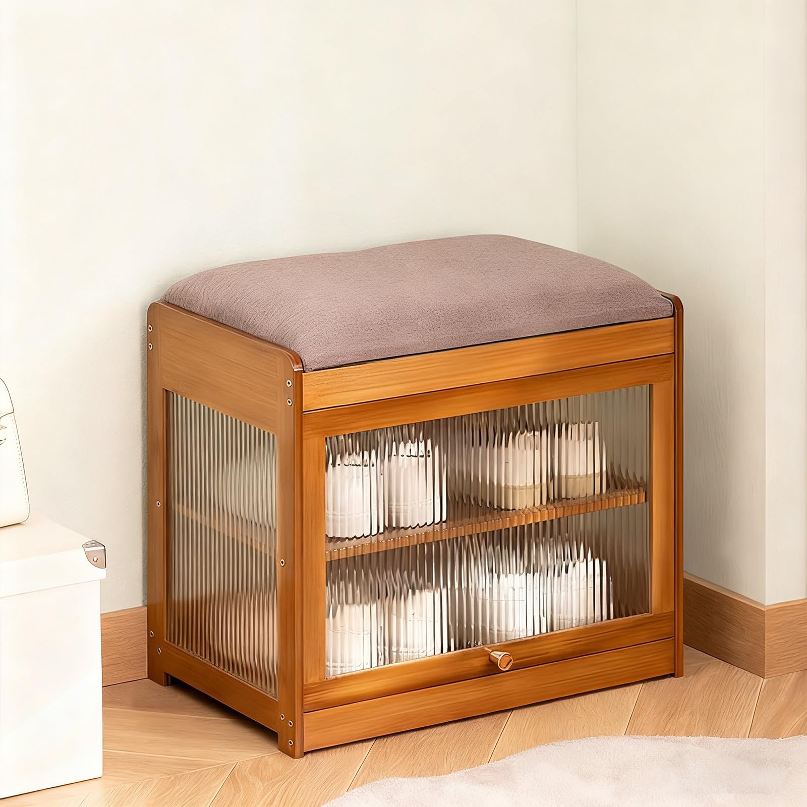 Banc de rangement à chaussures d'entrée en bois marron avec siège rembourré 50cm