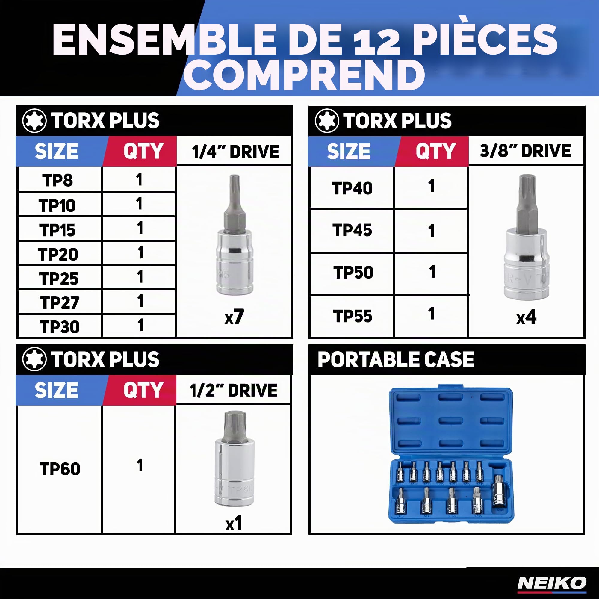 Neiko® 10086 A Torx Plus Bit Jeu de douilles, EN ACIER S2 | Lot de 12 pièces