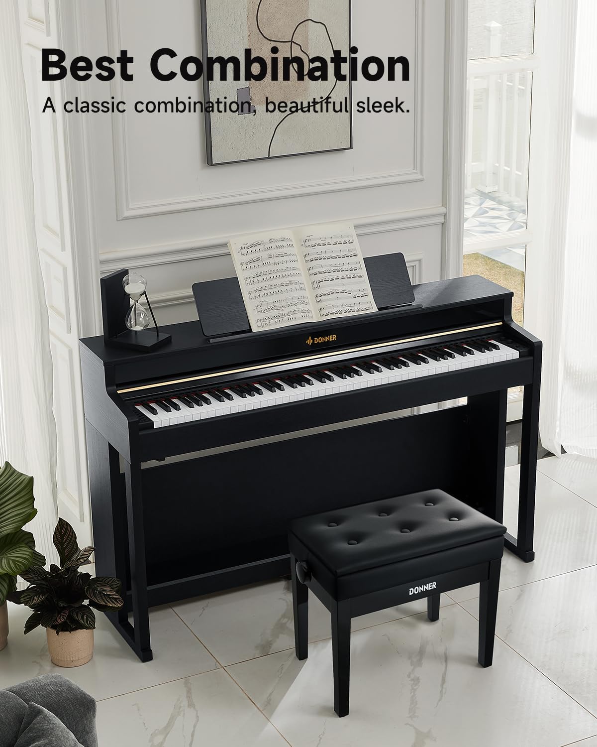 Donner Verstellbare Klavierbank mit Stauraum, Massivholz Tastaturbank Holz Klavierregal Hocker Stuhl Sitz mit hochdichten Schwämmen Kissen, Schwarz