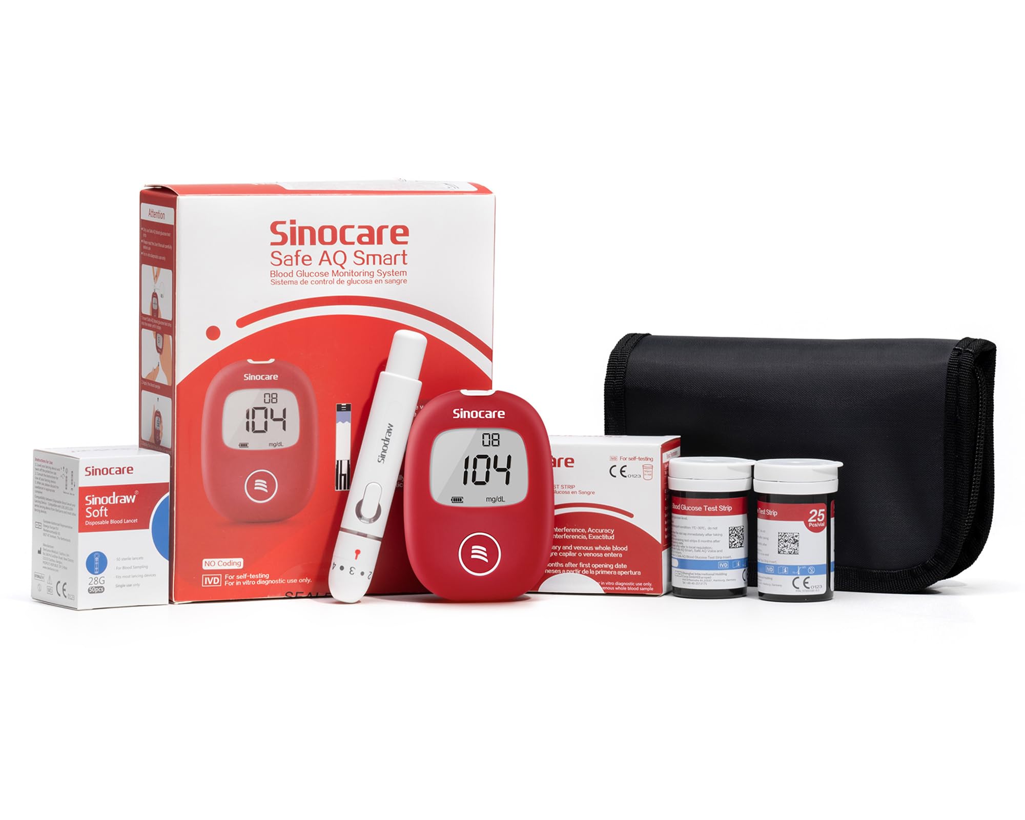 Medidor de Glucosa en Sangre Sinocare, Kit Completo con 50 Tiras Reactivas y Dispositivo de Punción Indoloro, Resultados en mg/dL (Modelo Safe AQ Smart)