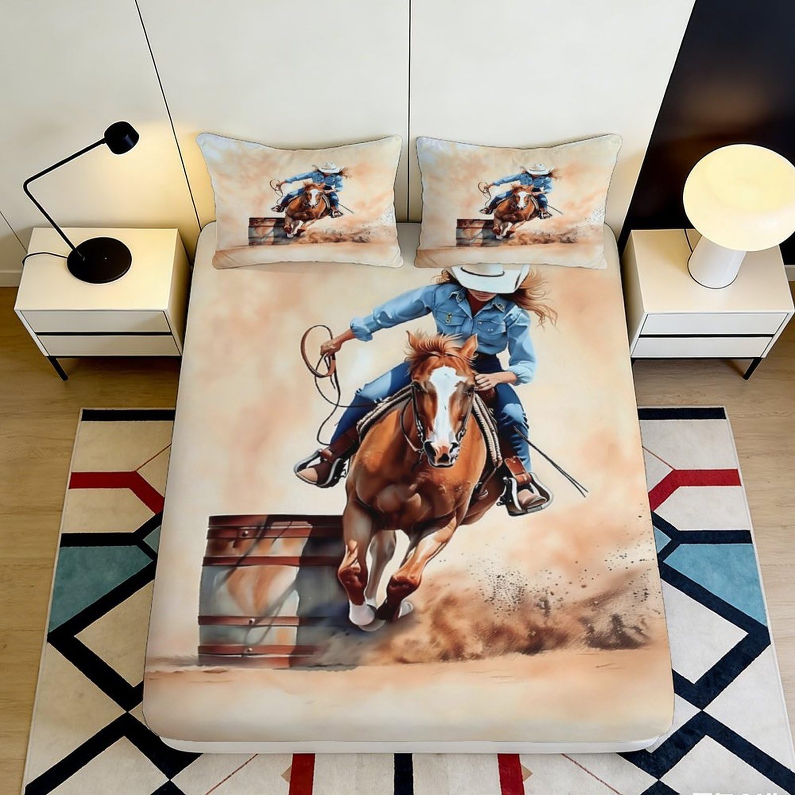 Pnayamiorkfel Style-4 3D Printed Cowboy Horse Fitted Sheet Microfiber Soft Breathable Rodeo Barrel Racing Bed Cover For Bedroom Guest Room Decor 90X200x25cm