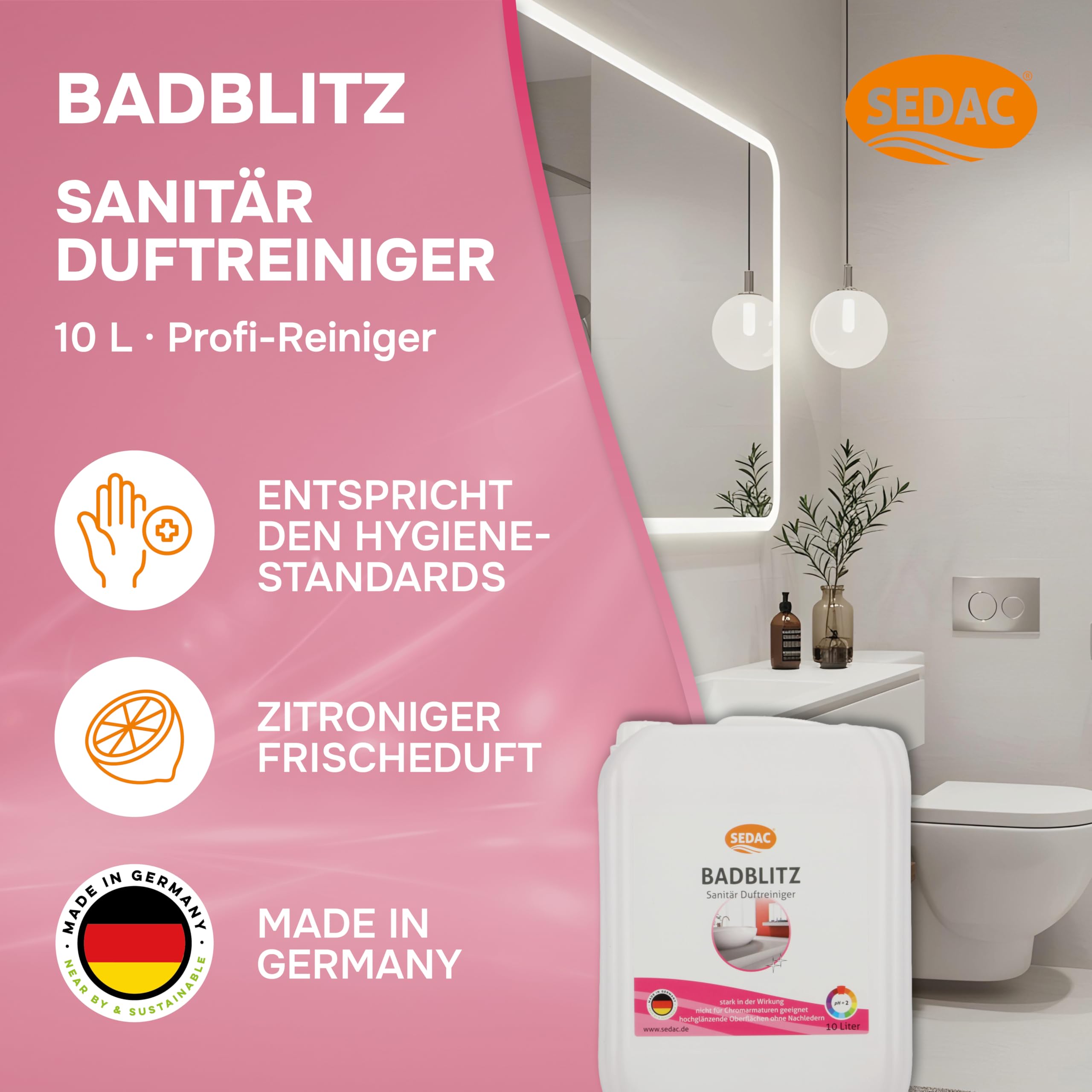 Badblitz 10L, Badreiniger & Kalkreiniger, Zitronensäure, Putzmittel | WC Reiniger, Entkalker für hochglänzende Oberflächen, Sanitär Duftreiniger, Fliesenreiniger & Duschkabinenreiniger