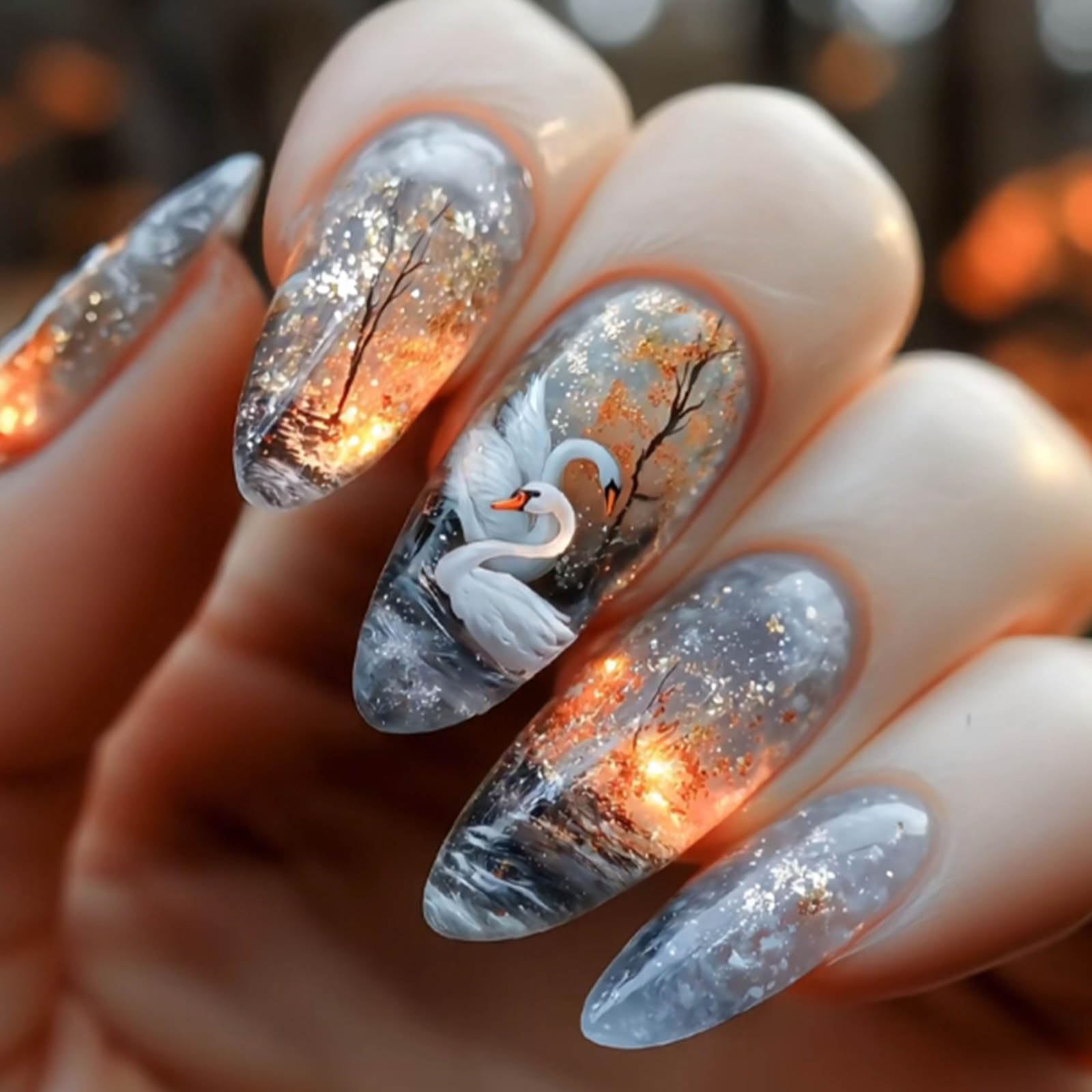 Gifiky 24Pcs Marble Nails Tip Press on Nails - Short Almond False Nails with Acrylic Swans Design, Gradient Galaxy Fake Nails for Women,Reusable Glue