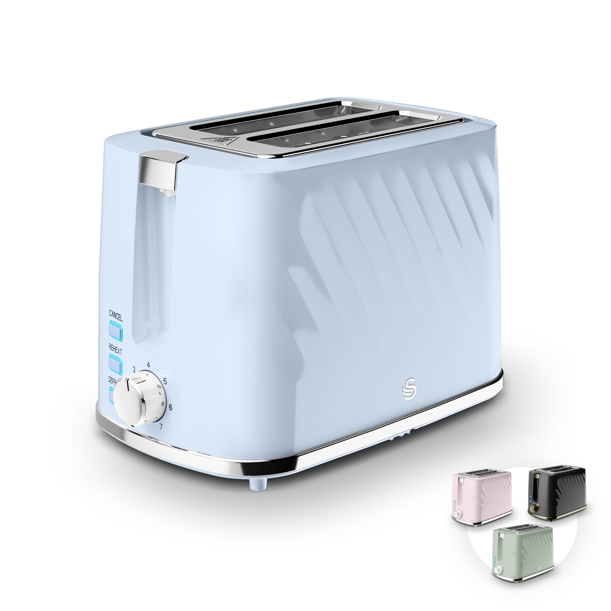 Swan Windsor 2 Slice Toaster with 7 Browning Levels for Toast, Breakfast Muffins and Bagels, Removable Crumb Tray, Defrost/Reheat/Cancel, Cord Storage, Non-Slip Feet, 900W, Blue, ST14071BLU