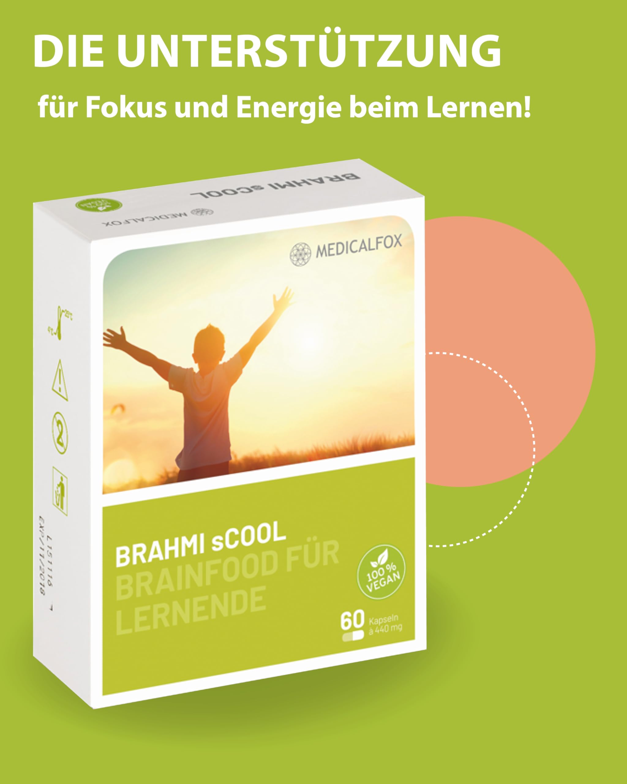 BRAHMI sCOOL Konzentrations- & Gehirn Kapseln zum Lernen 60 Stk. vegan - Mit Vitamin B5 Pantothensäure für normale geistige Leistung, Mit Brahmi, Ginkgo, Gojibeere & Zink, Vitamin C & D