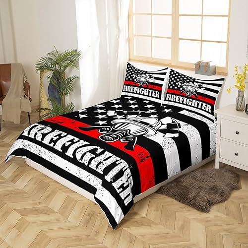 Miniatura 2 de Manfei Juego de funda de edredón de bandera estadounidense para niños, tamaño matrimonial, funda de edredón de bomberos con 2 fundas de almohada,