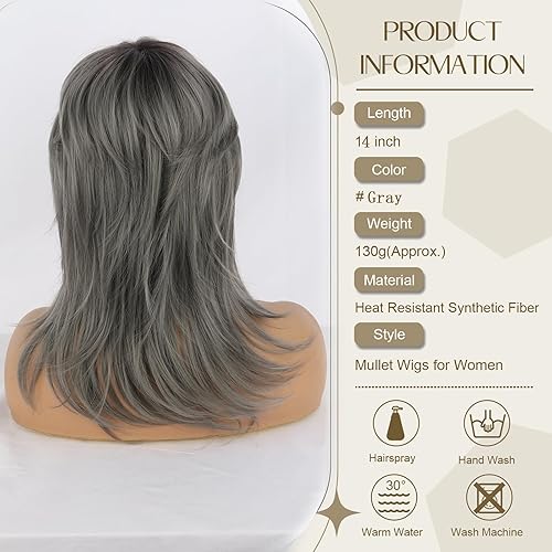 Miniatura 3 de CINHOO Pelucas cortas de salmonete gris para mujeres negras, pelucas de corte Pixie con flequillo, pelucas rizadas de los años 70, 80, 90, pelucas