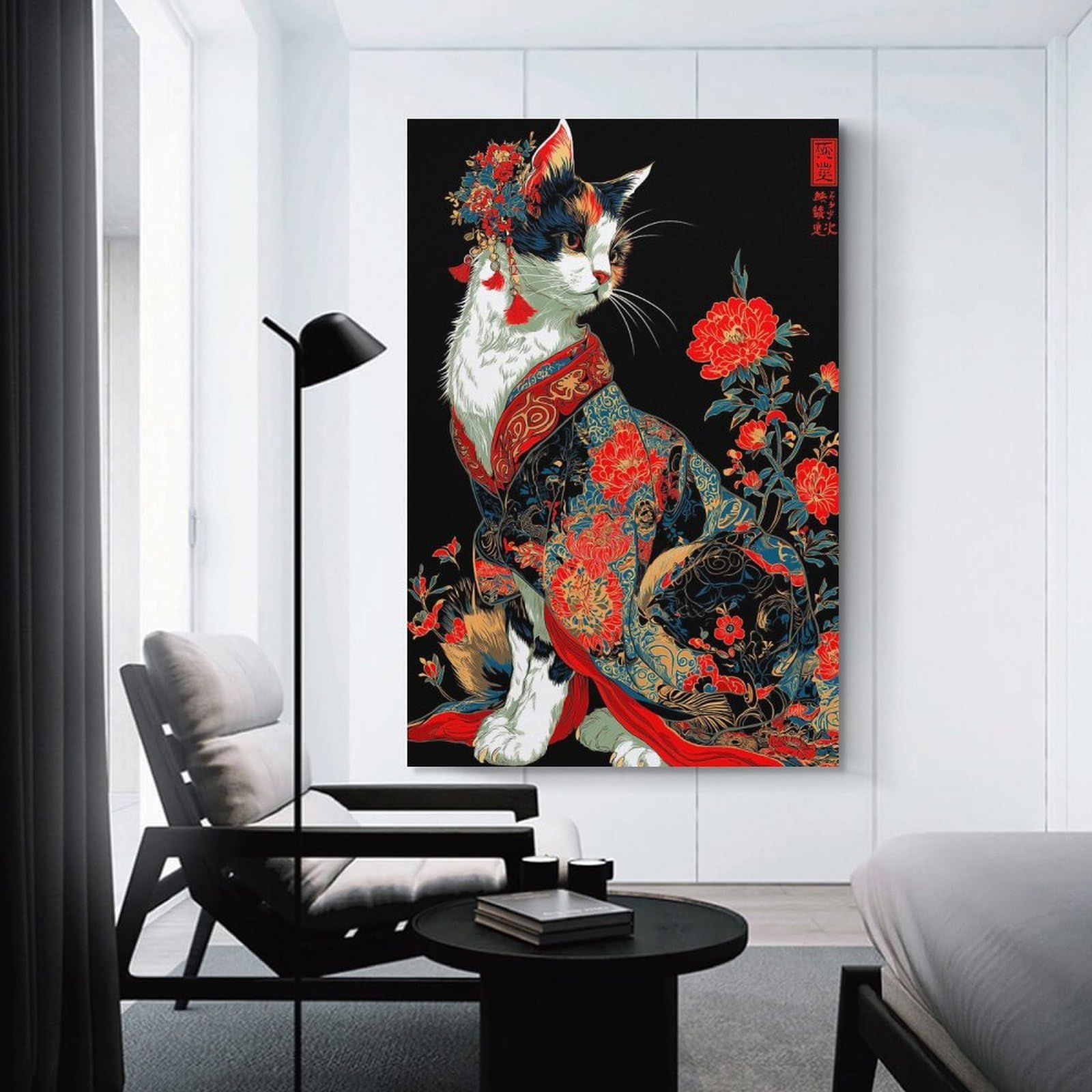 Junmoney Cat in Kimono with Floral Adornments Canvas Wall Picture 20x30inch(50x75cm), for Living Spaces, Bedrooms Or Relaxed Rooms, Modern Wall Decor for Cosy Interiors