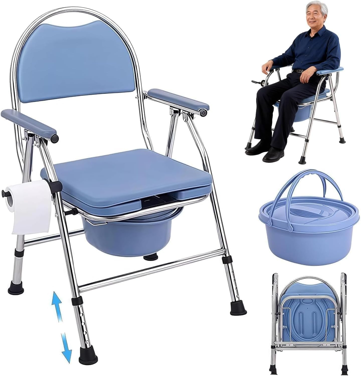 NODIBRO ポータブルトイレ 折りたたみ式 高さ5段階調節 耐荷重160KG トイレ椅子 転倒防止 手すり・背もたれ付き クッション座面 水洗可能 バケツ＆フタ付き 簡易便座 介護用チェア 軽量設計 コンパク ト 大人用 高齢者 障害者 妊婦向け 災害 防災 建設現場対応 ブルー