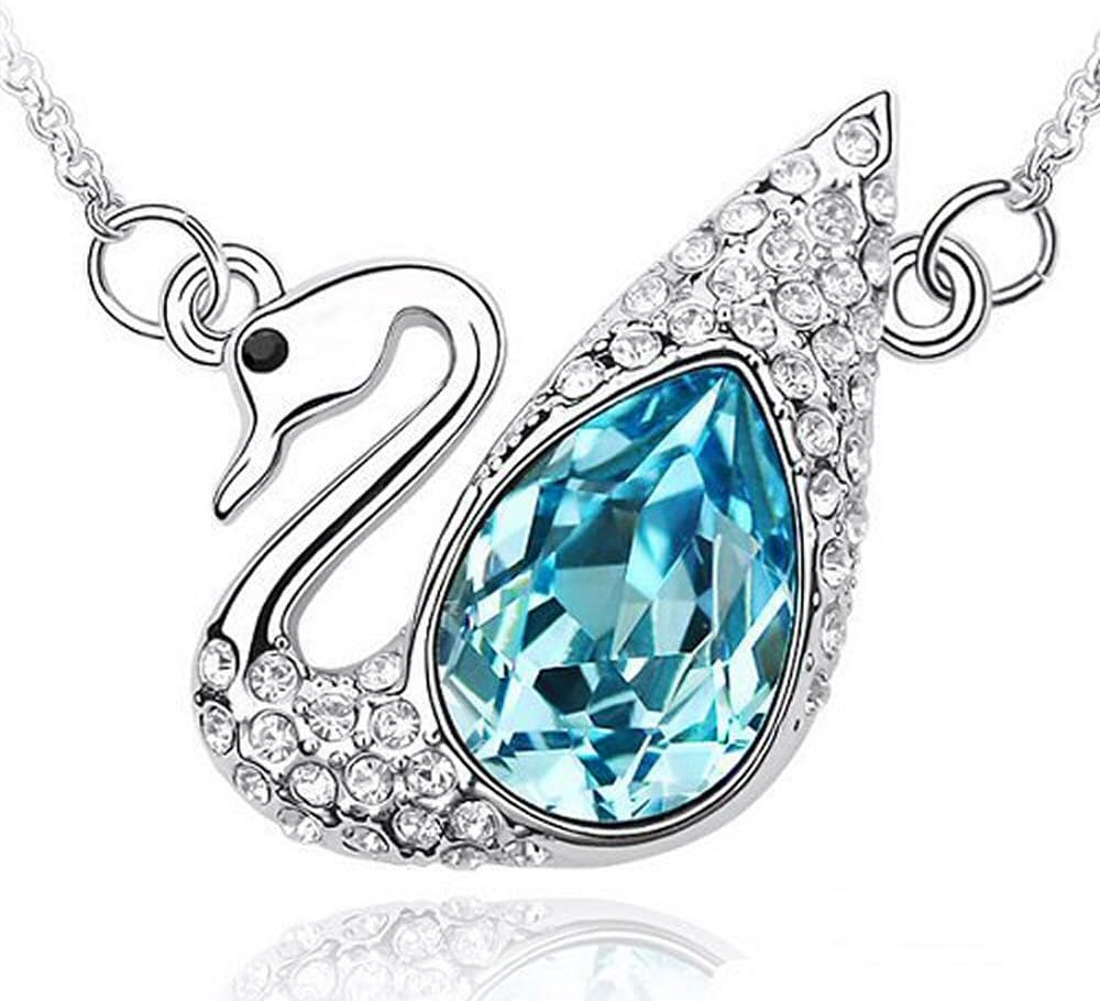 Aqua Blue Clear Crystal Swimming Swan Pendant Necklace Made With Swarovski Elements