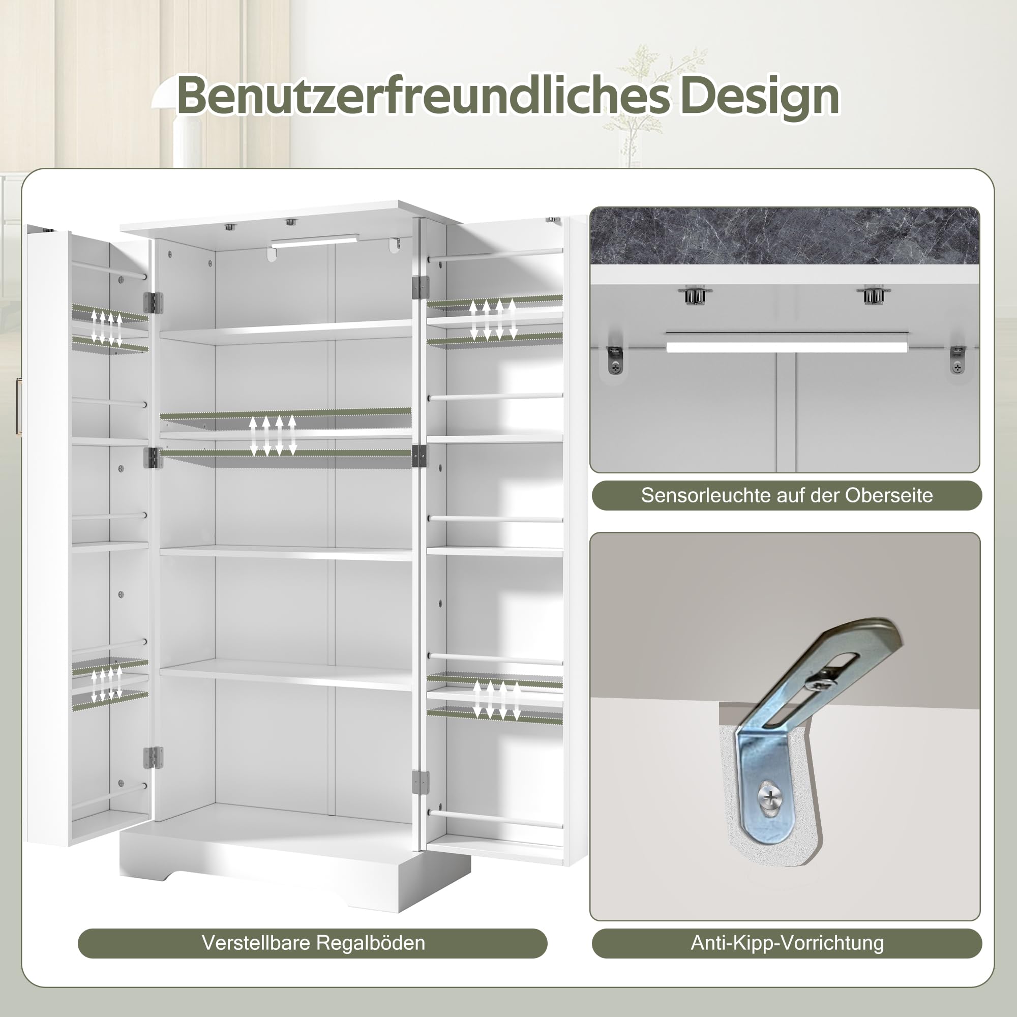 Merax Küchenschrank mit LED, Vorratsschrank mit 2-Türiger, Buffetschrank Hoch mit Höhenverstellbaren Einlegeböden, Küchenbuffet für Wohnzimmer, Küche, Esszimmer, 60×35×128cm (Weiß)