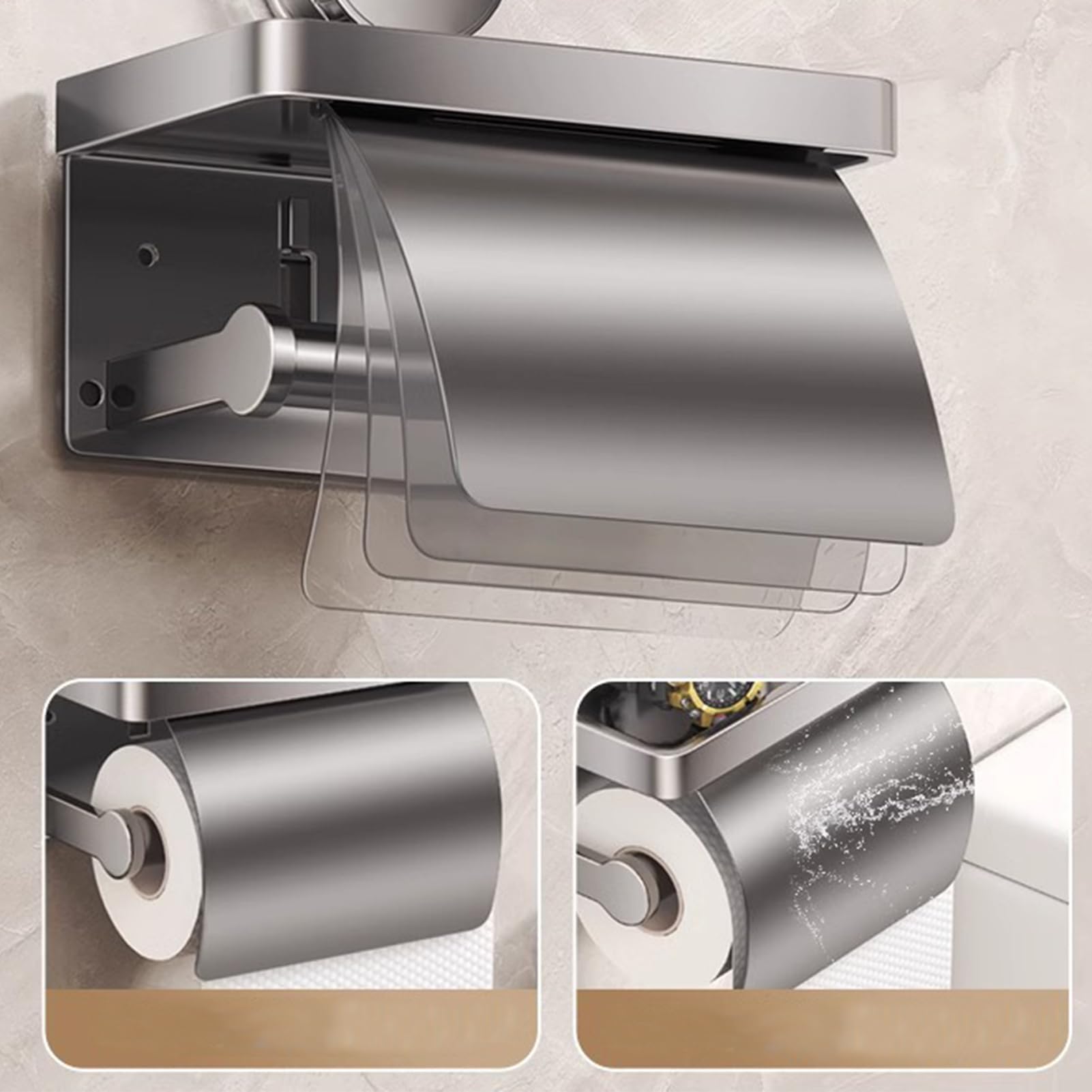 Porta carta igienica con ripiano, in acciaio inox, senza foratura, con ventosa, cromato lucido, grigio