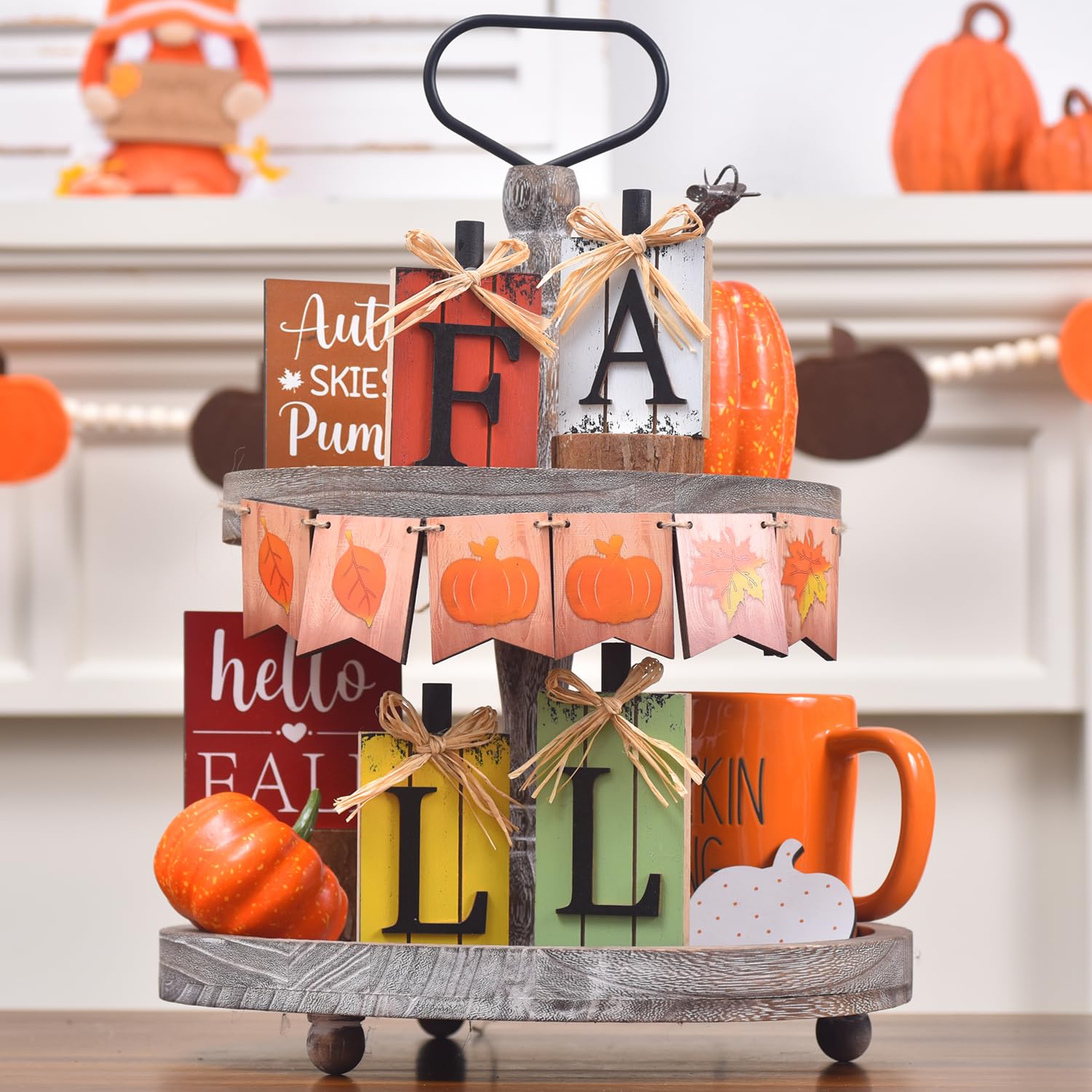 Herbst-Dekoration Holz-Kürbis-Block – 3D "Herbst"-Schrift, Rustikale Tischdeko Für Thanksgiving, Haus & Büro