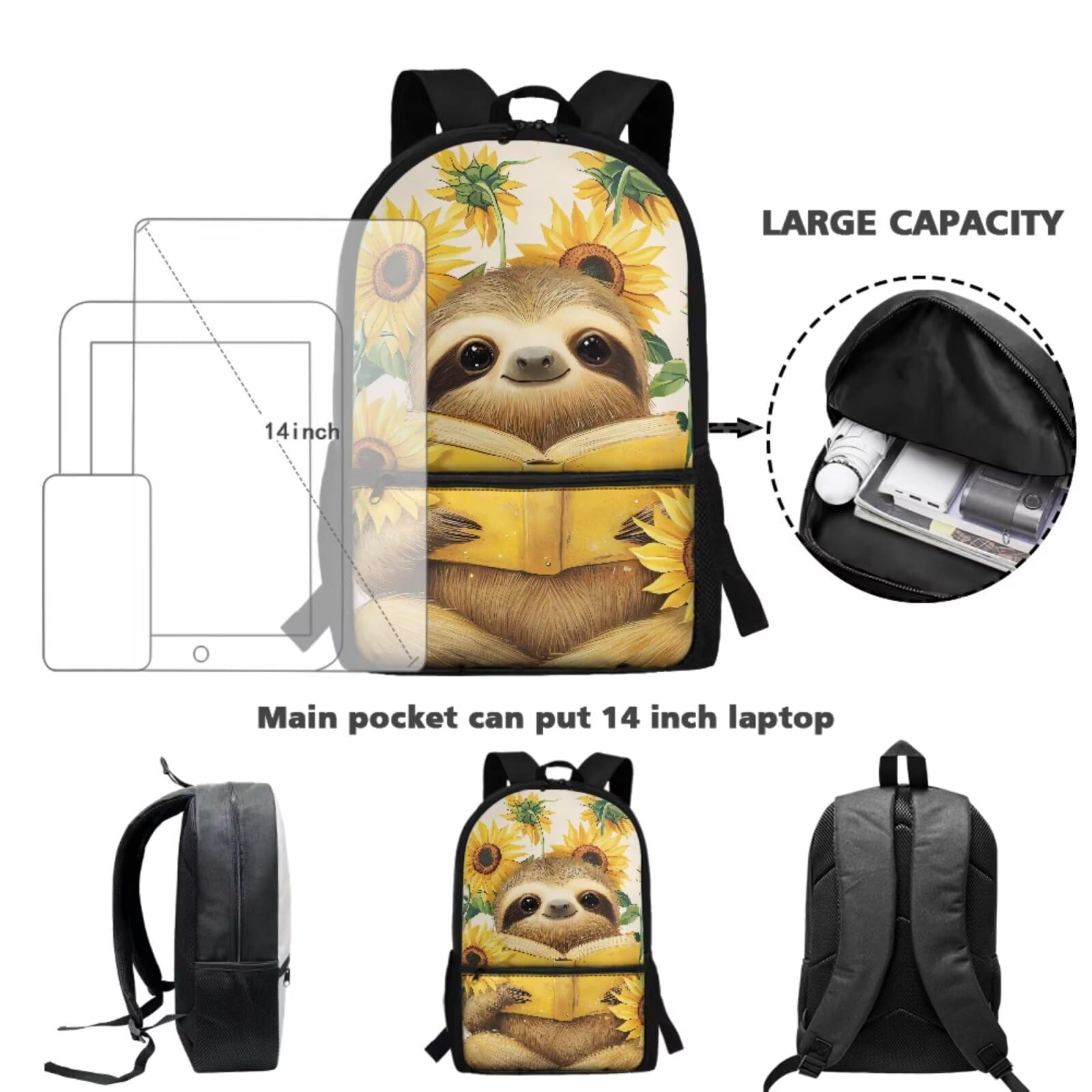 Rucksack 4-teiliges Set Scool Büchertasche mit Lunchbox, Federmäppchen, Schlüsselanhänger für Grundschulkinder, Kinder, Schultaschen, Sonnenblumen-Faultier, Kinderrucksack