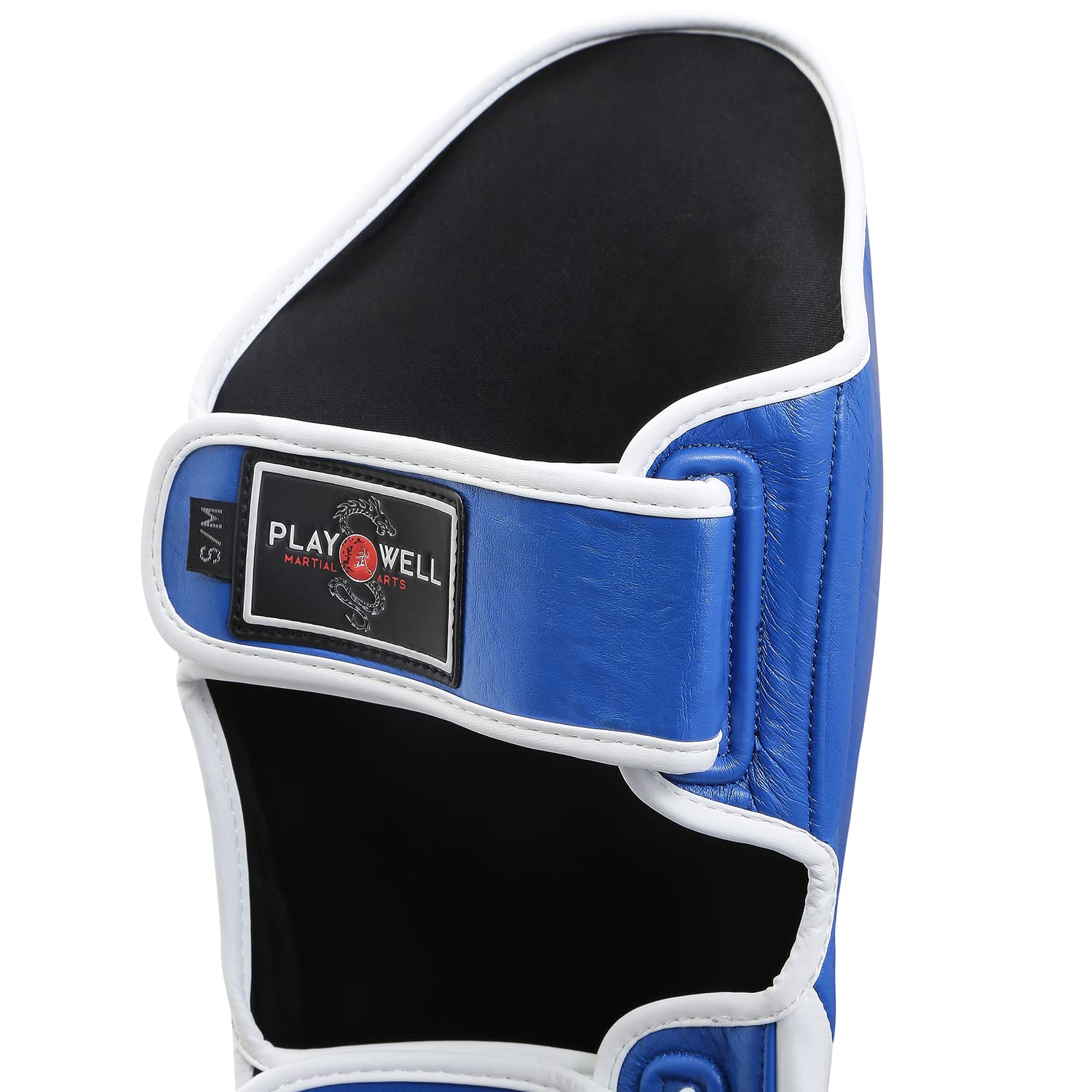 Playwell Premium Range Protège-tibias en cuir Pro Muay Thai K1 Bleu/blanc