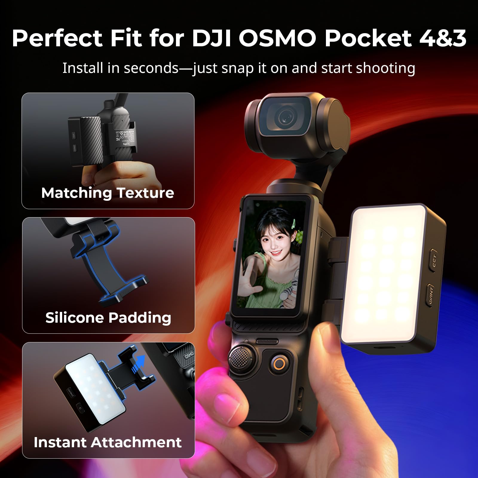 SMALLRIG Éclairage vidéo LED RGBWW pour DJI Osmo Pocket 4/3, avec Batterie 650 mAh, CCT et RGB 2700K-6500K, Orientation 360°, Idéal pour Les Selfies, Vlogs, Créateurs de Contenu - 5745