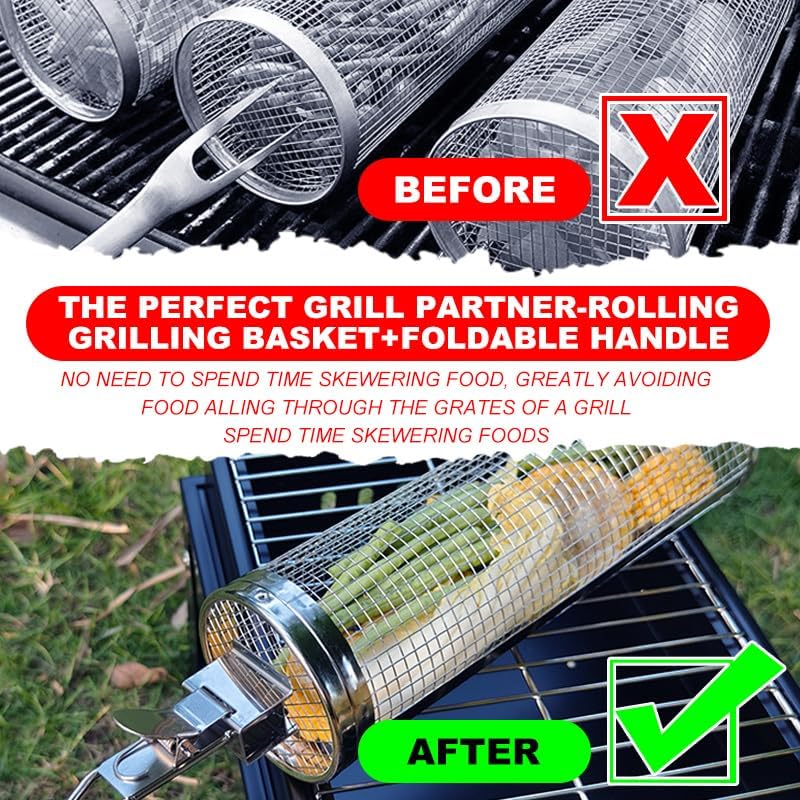 Miniatura 3 de Cesta para asar con asa, canastas grandes de 11.8 pulgadas redondas para barbacoa al aire libre, verduras, papas fritas, carne de pescado, cesta de