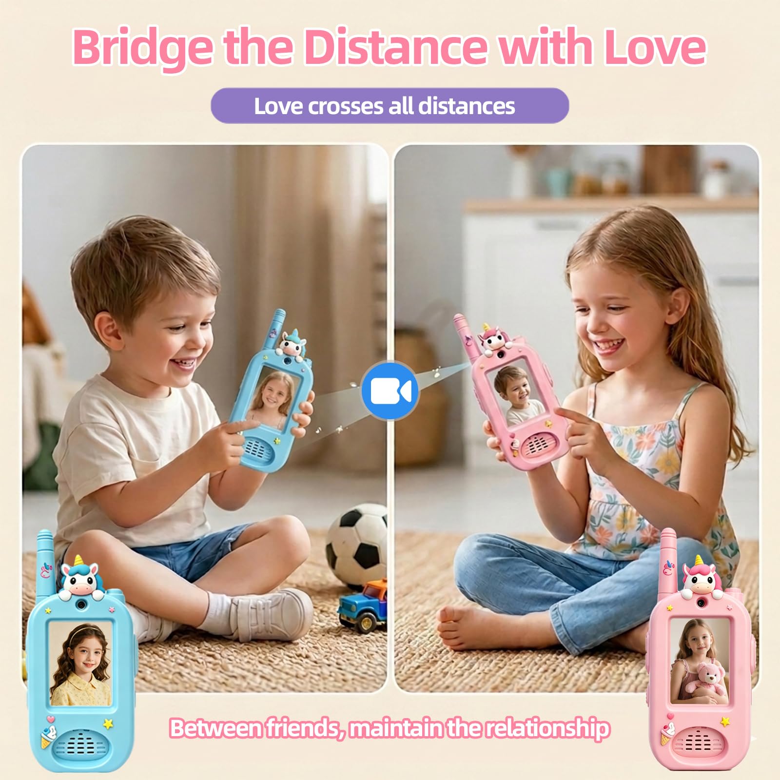 Kinder Video-Walkie-Talkies, 2er-Set, wiederaufladbar mit HD-Kamera & Display, Fotospeicher, Zwei-Wege-Video- & Sprachfunktion mit Stimmenverzerrer, für drinnen & draußen, 3–12 Jahre (Pink & Blau)