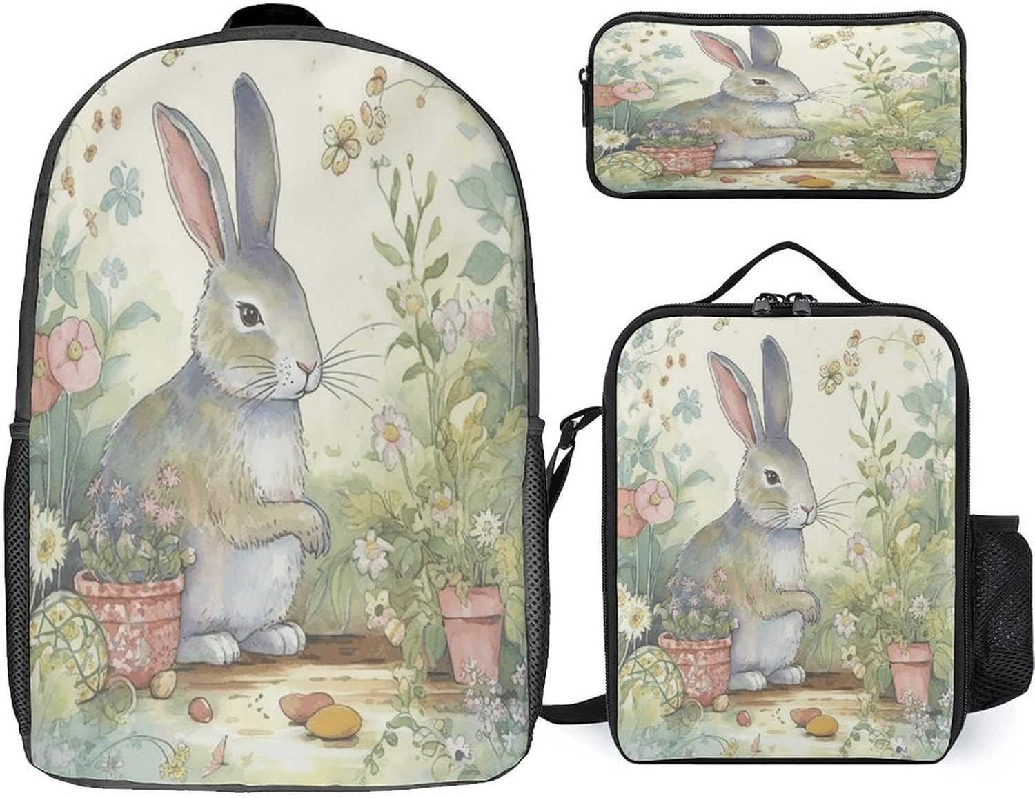 Pocket Backpack,Garden Bunny Print Cross Body Lunch Bag Set,casual Daypacks,3 Pcs Backpack Set