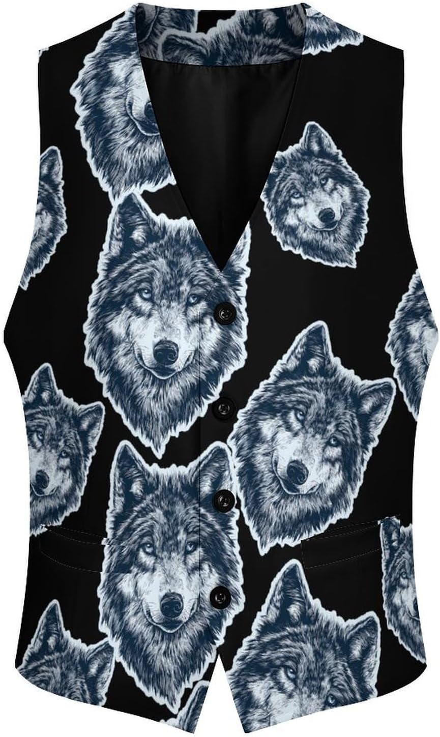 Wolf Head with Blue Eyes Fashion Suit Vest for Men Slim Fit Waistcoat Business Casual Dress Tuxedo