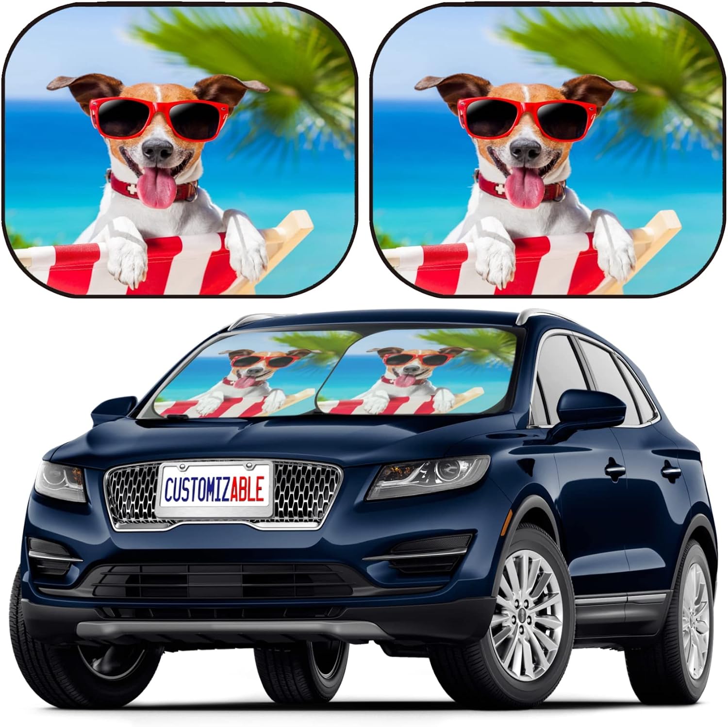Maizi Sunshade for Car Windshield Pack of 2 Universal Fit Sunshades Most SUV, Coupe, Pickup, Minivan Dog Relaxing on a Fancy Deck Chair Printed in USA